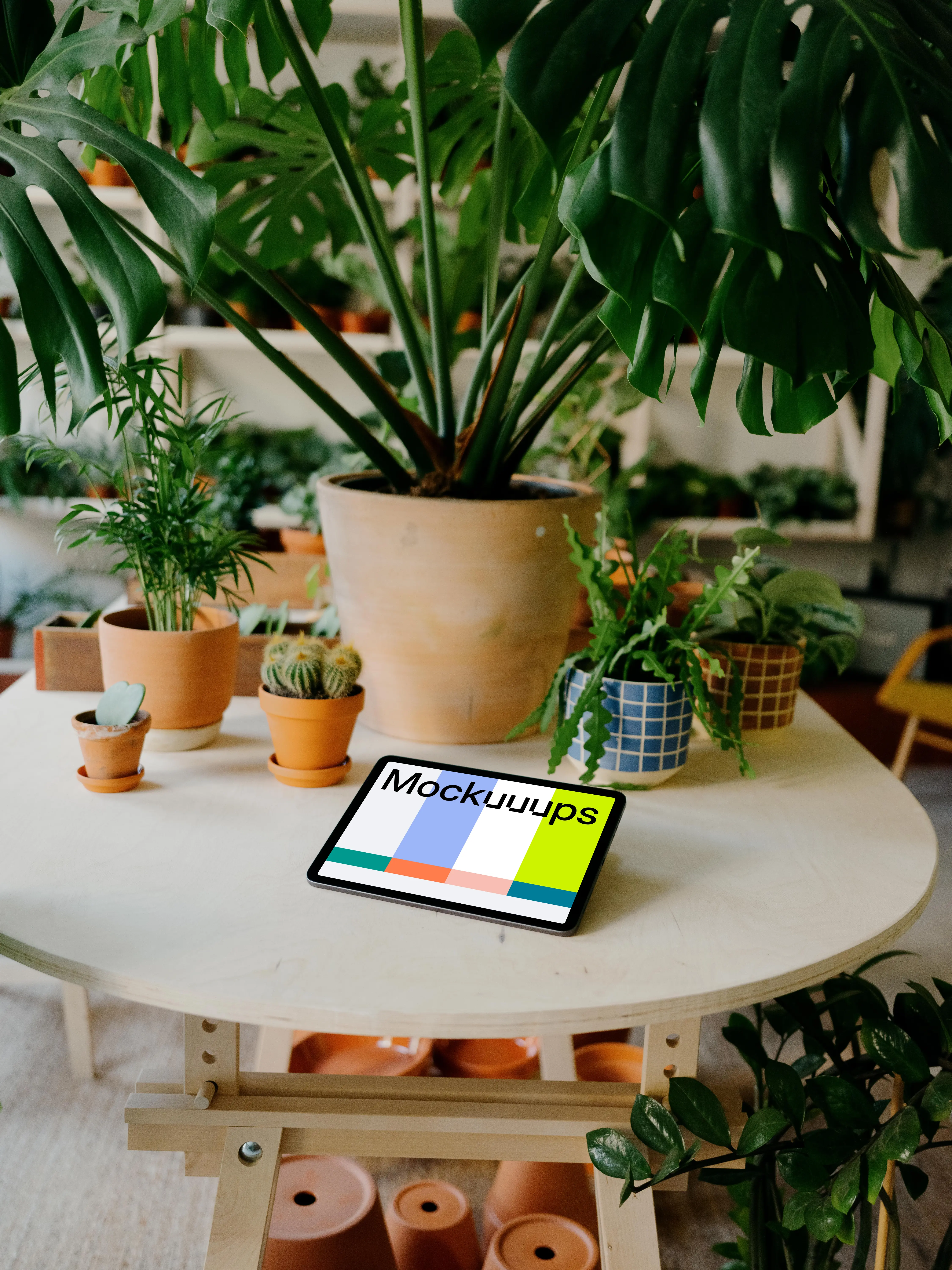 iPad mockup on a white round table