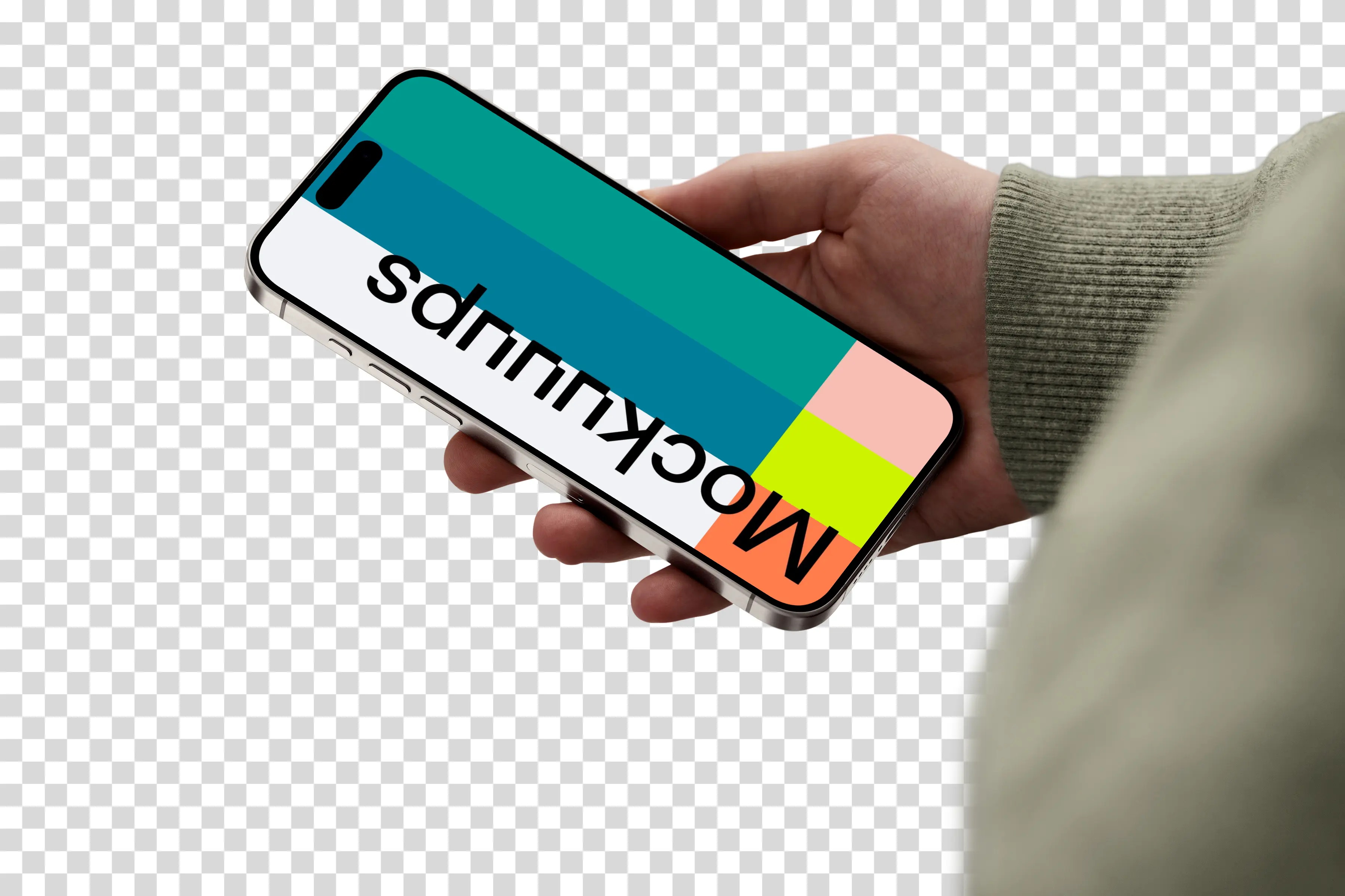 iPhone 15 Pro mockup in male hand with transparent background