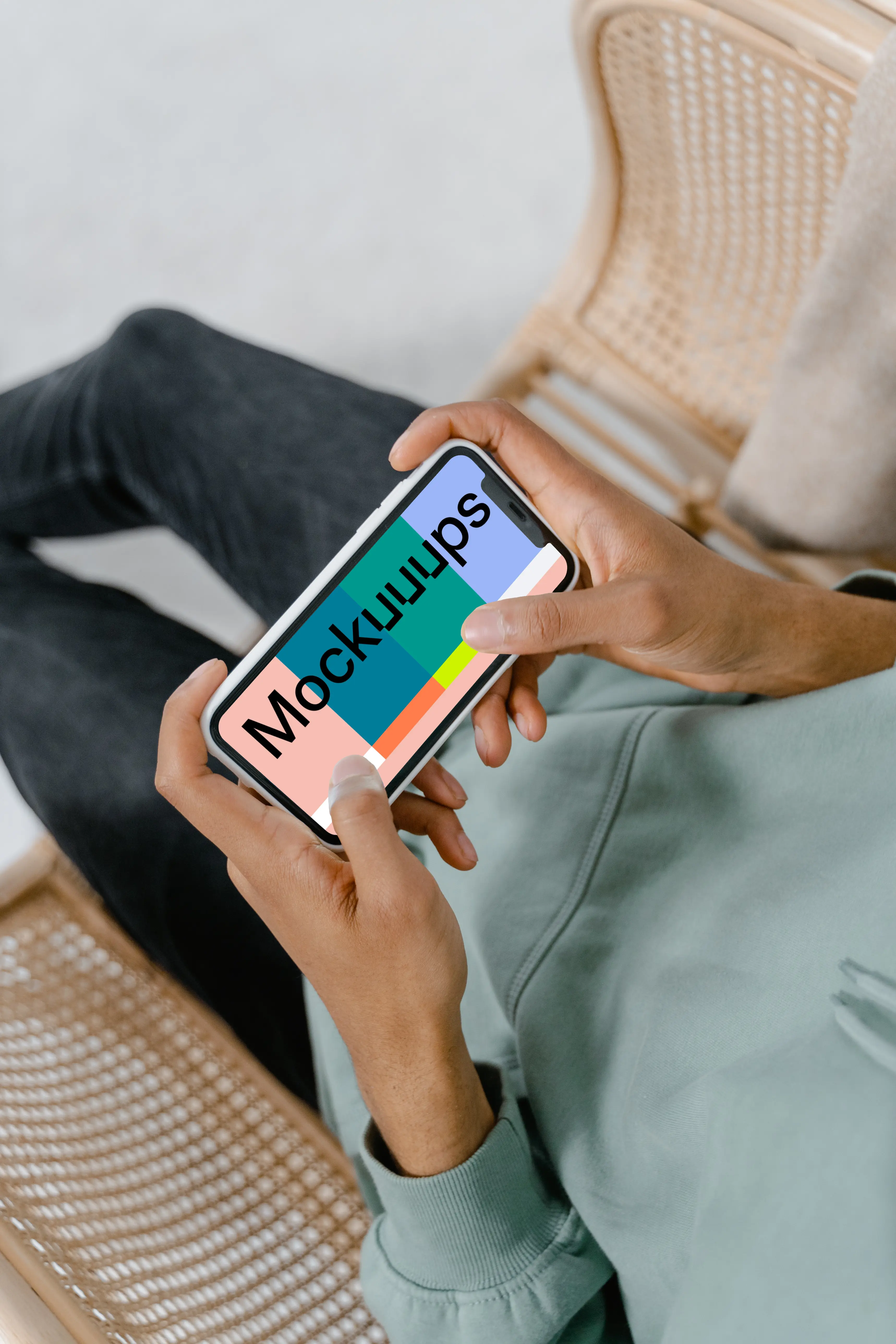 iPhone mockup held on a chair by user
