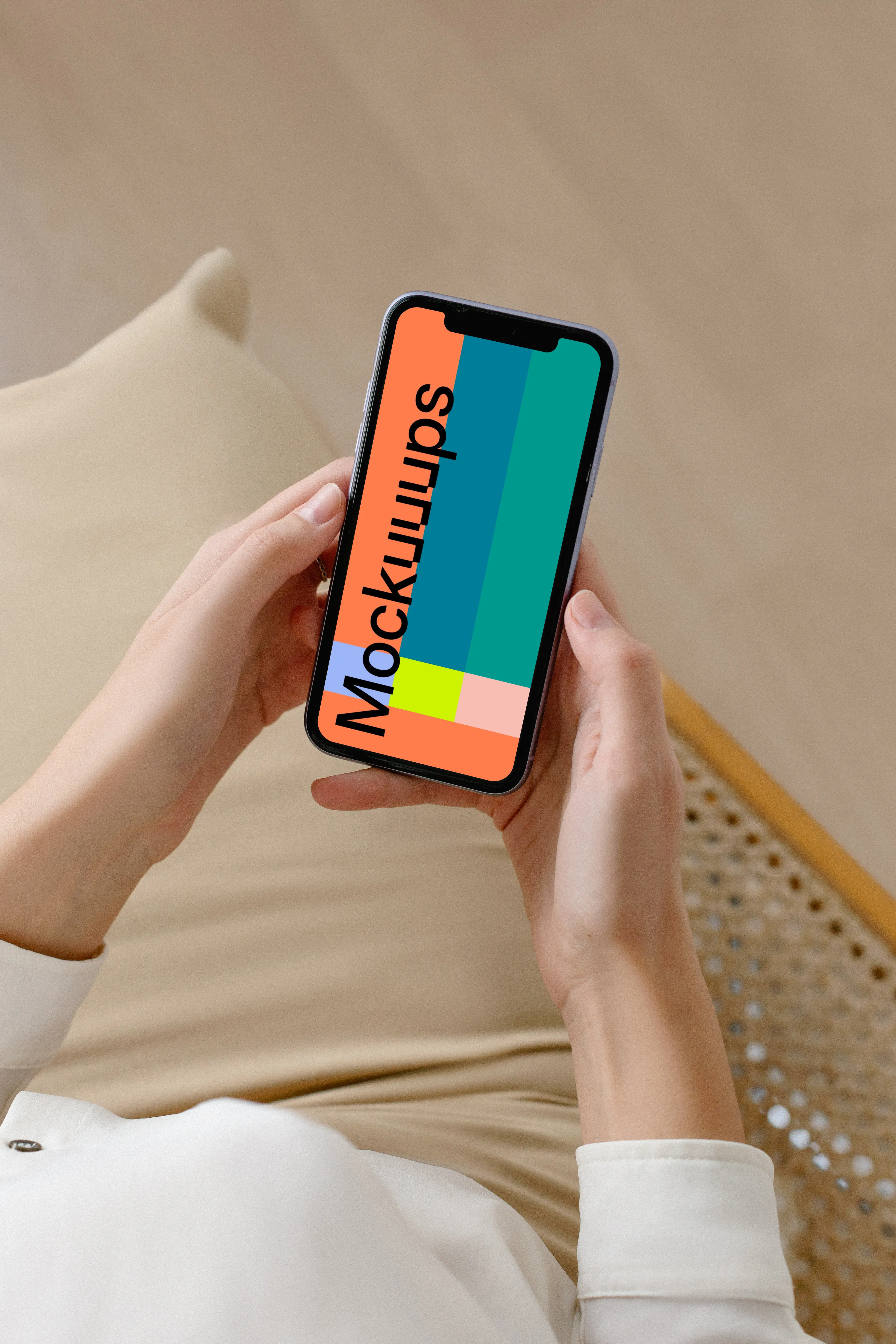 iPhone mockup in a female user’s hand wearing a skirt