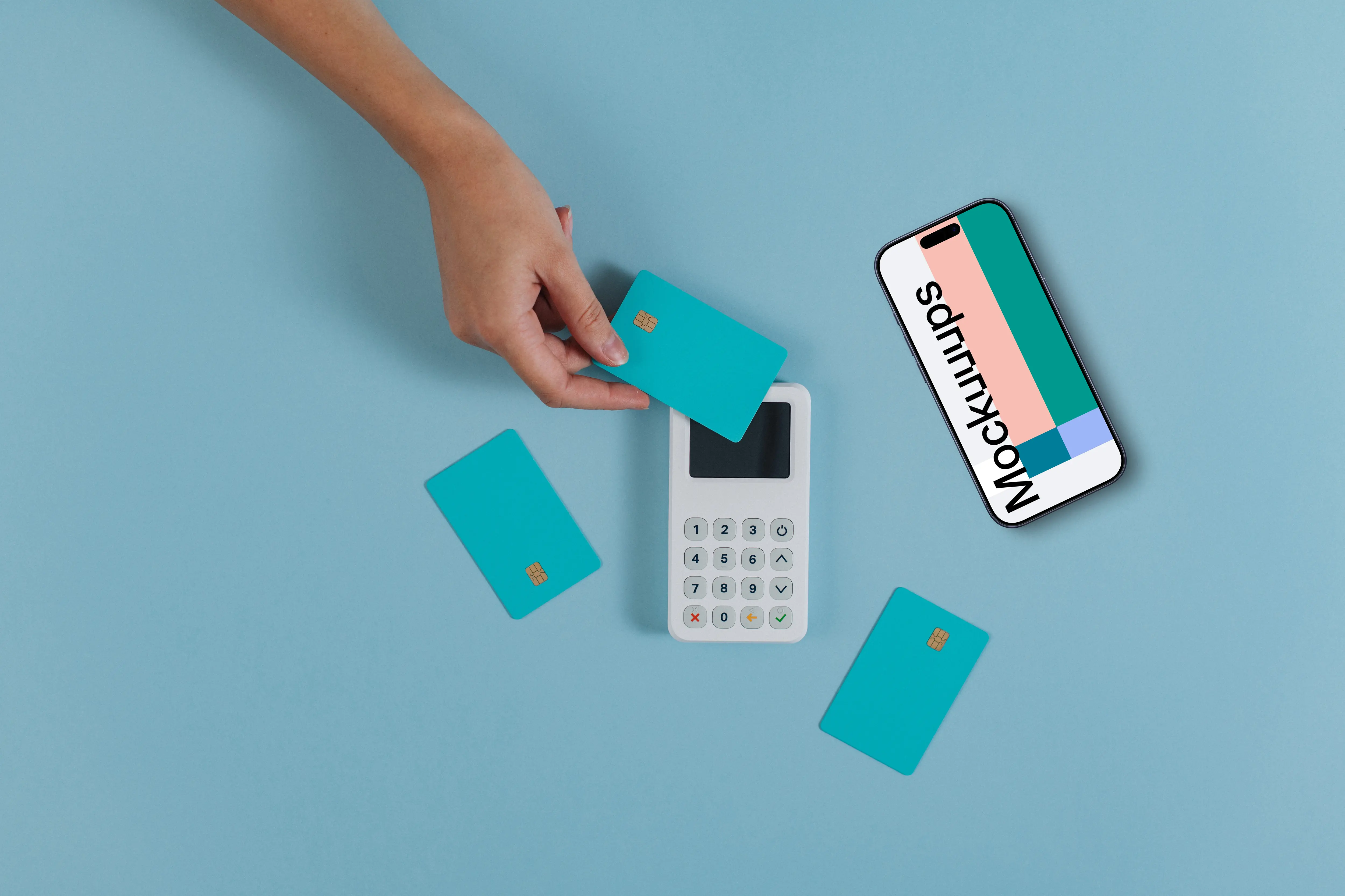 iPhone mockup on blue solid background next to the payment terninal