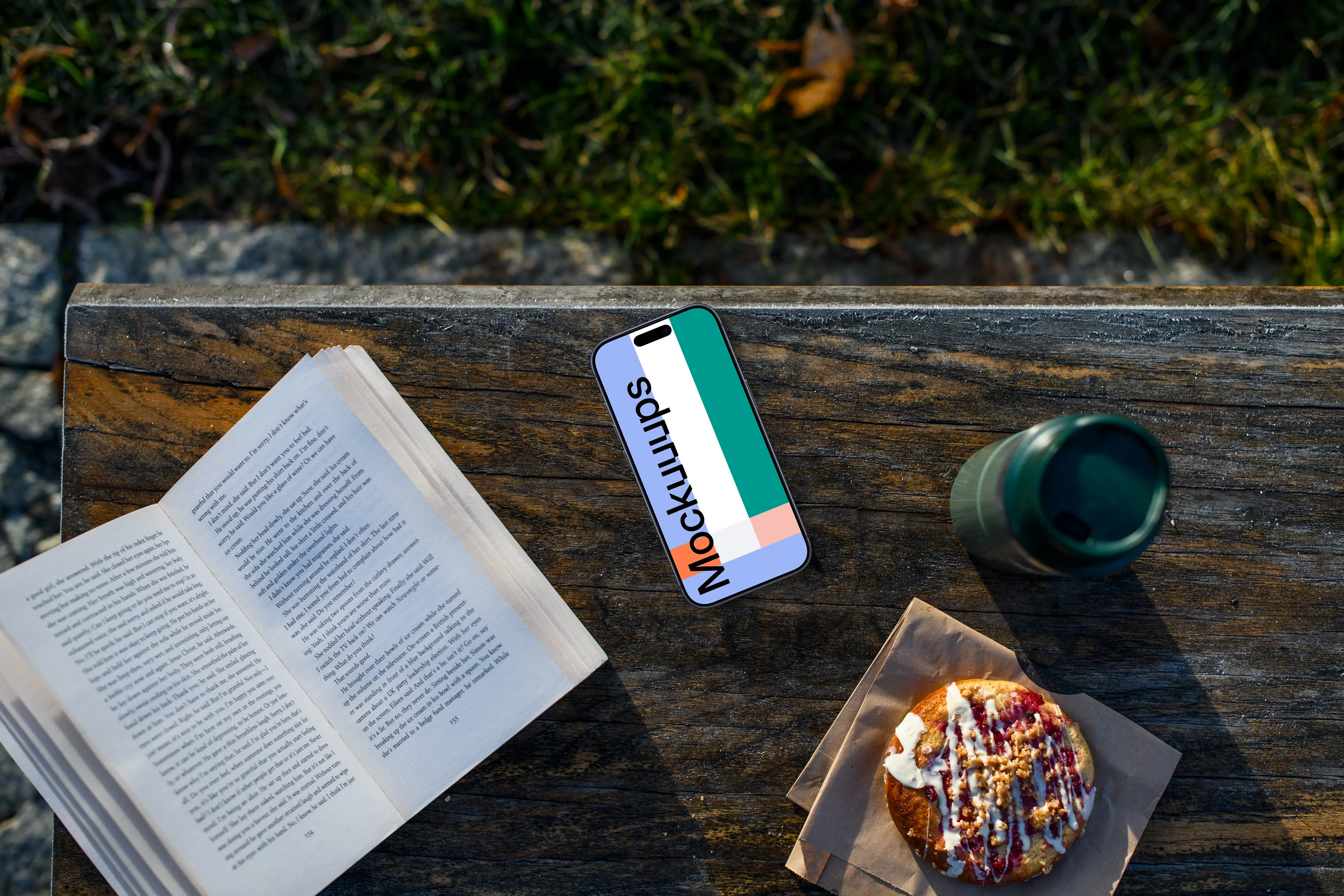 iPhone mockup on the outdoor bench