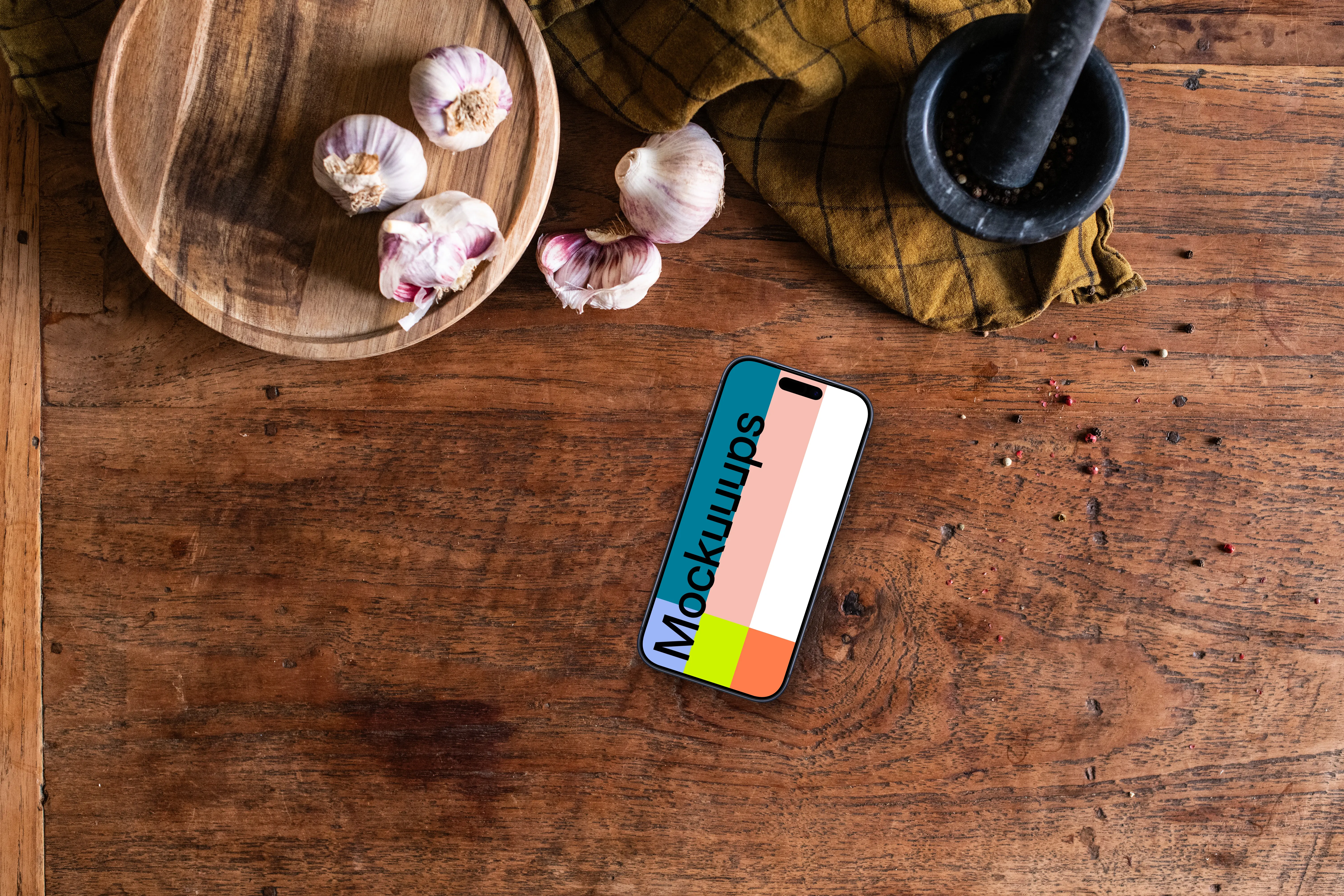 iPhone mockup on the wooden kitchen sideboard