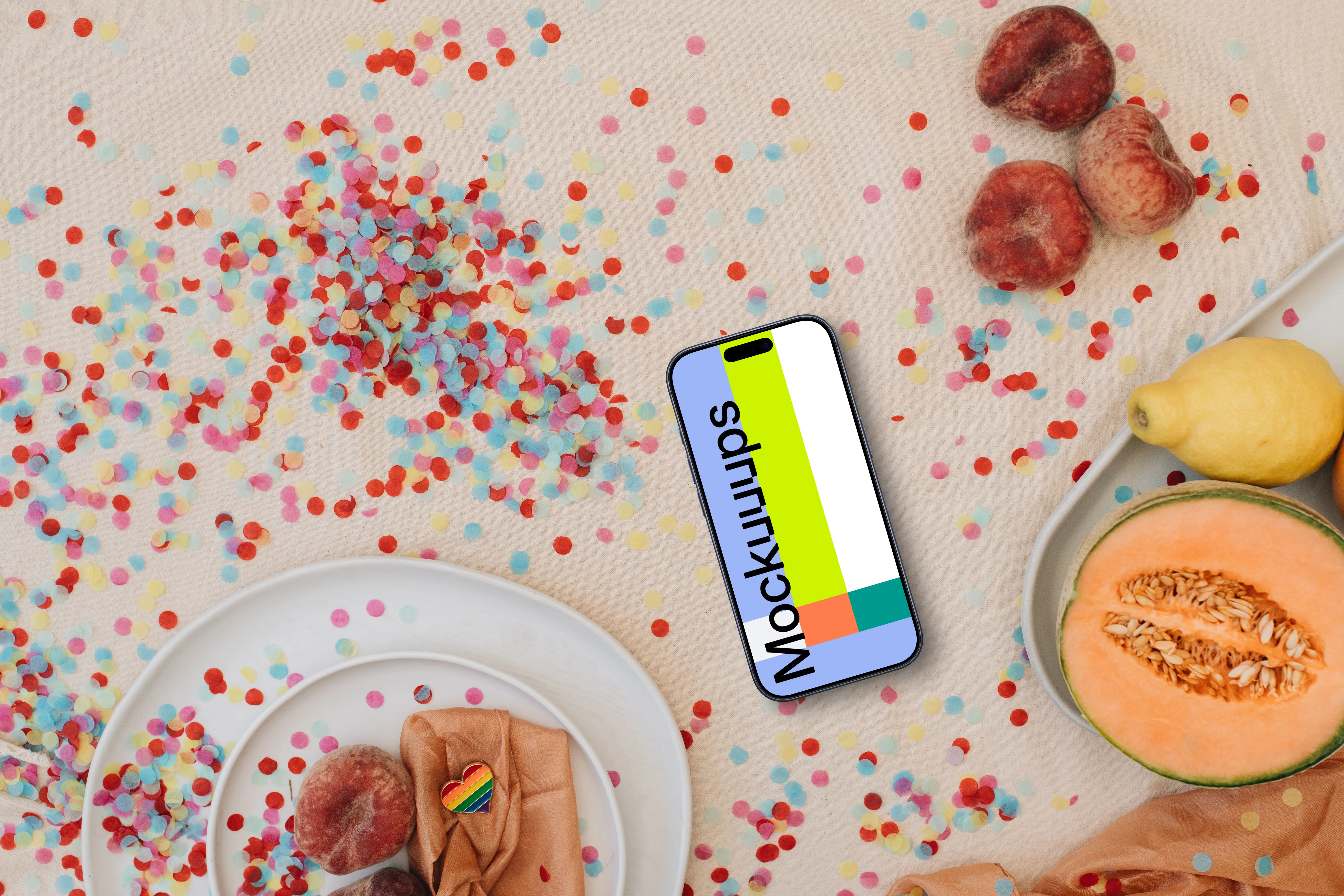 iPhone mockup surrounded by confetti