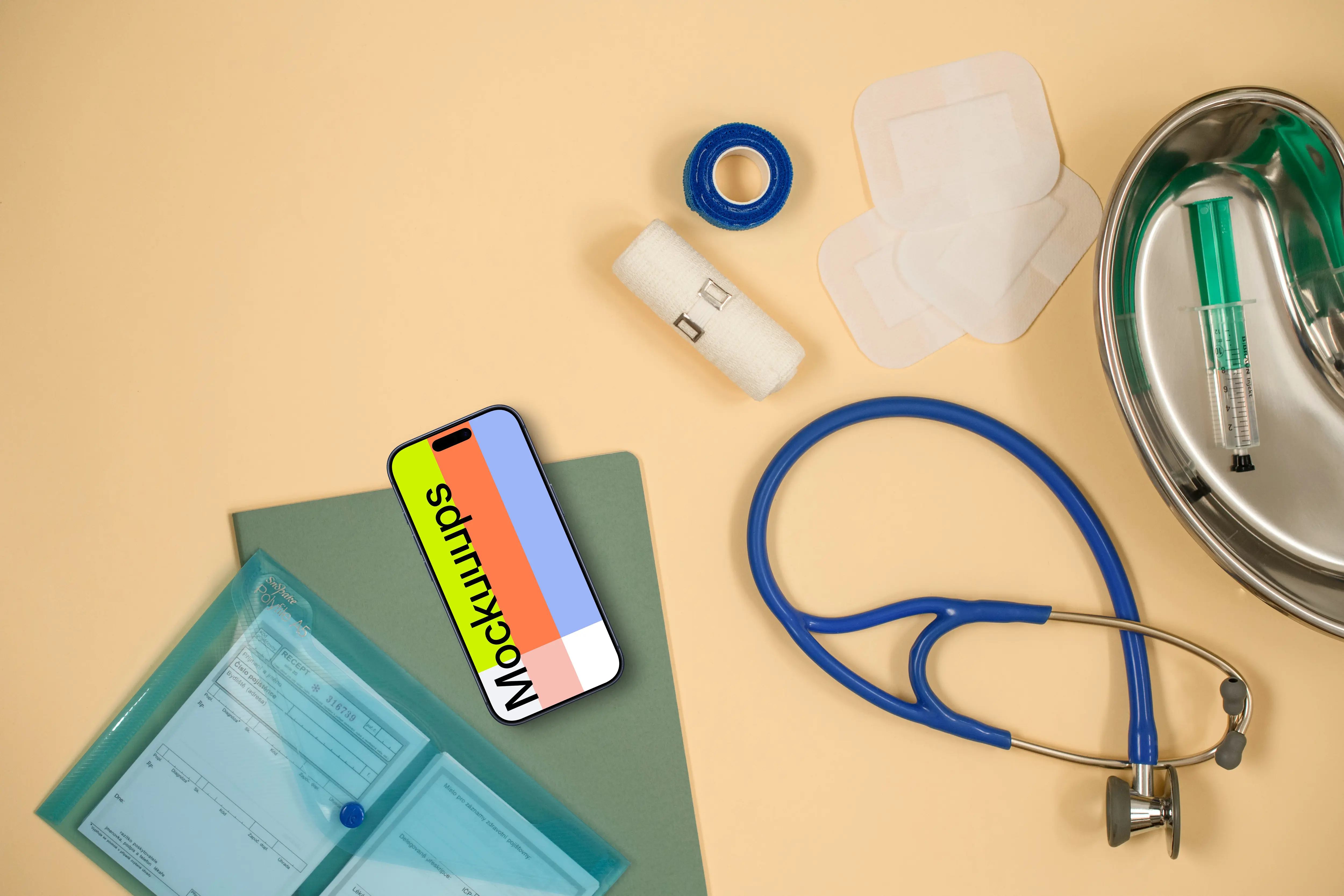 iPhone mockup surrounded by medical essentials