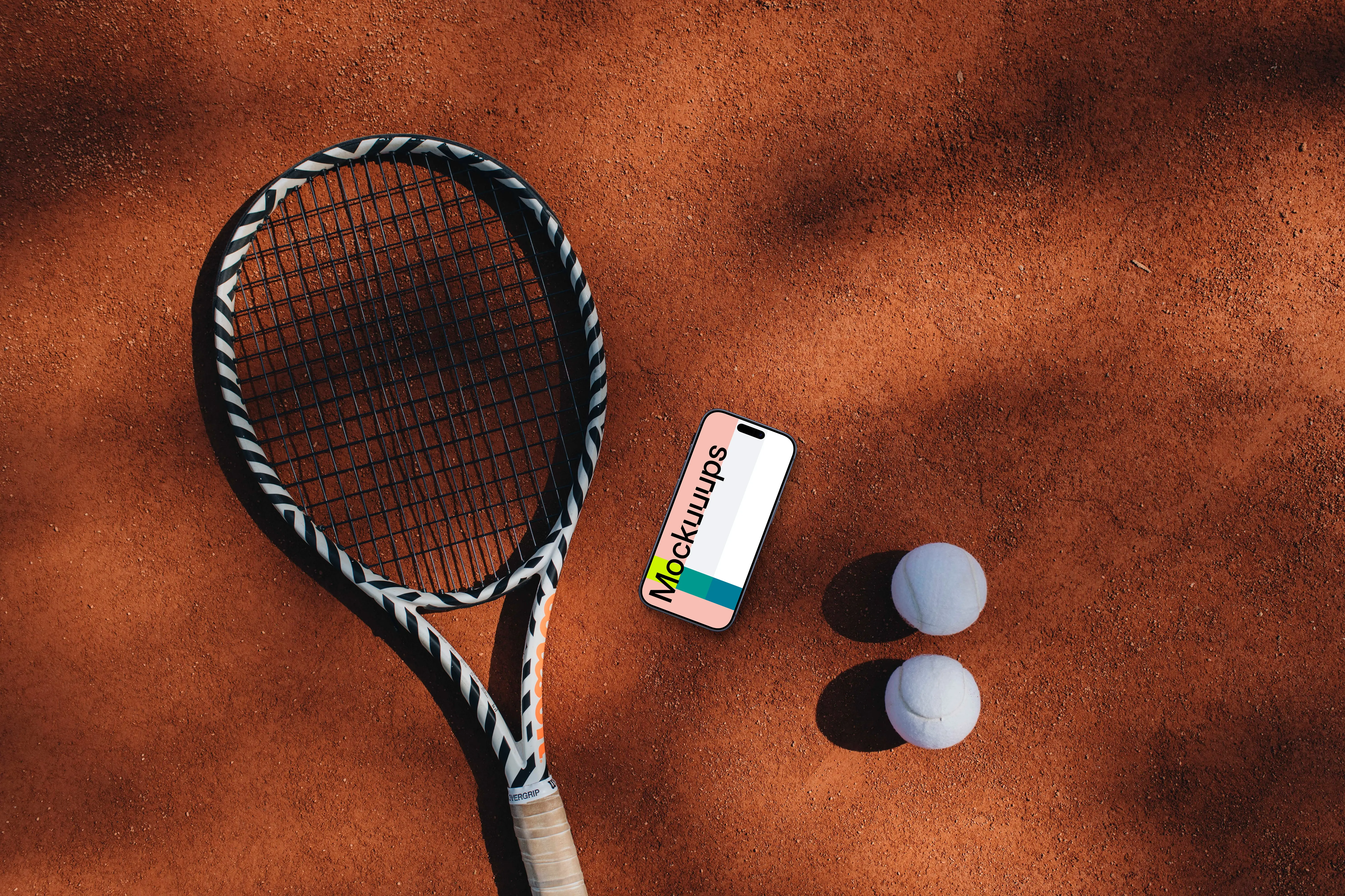 iPhone mockup with tennis racket and balls