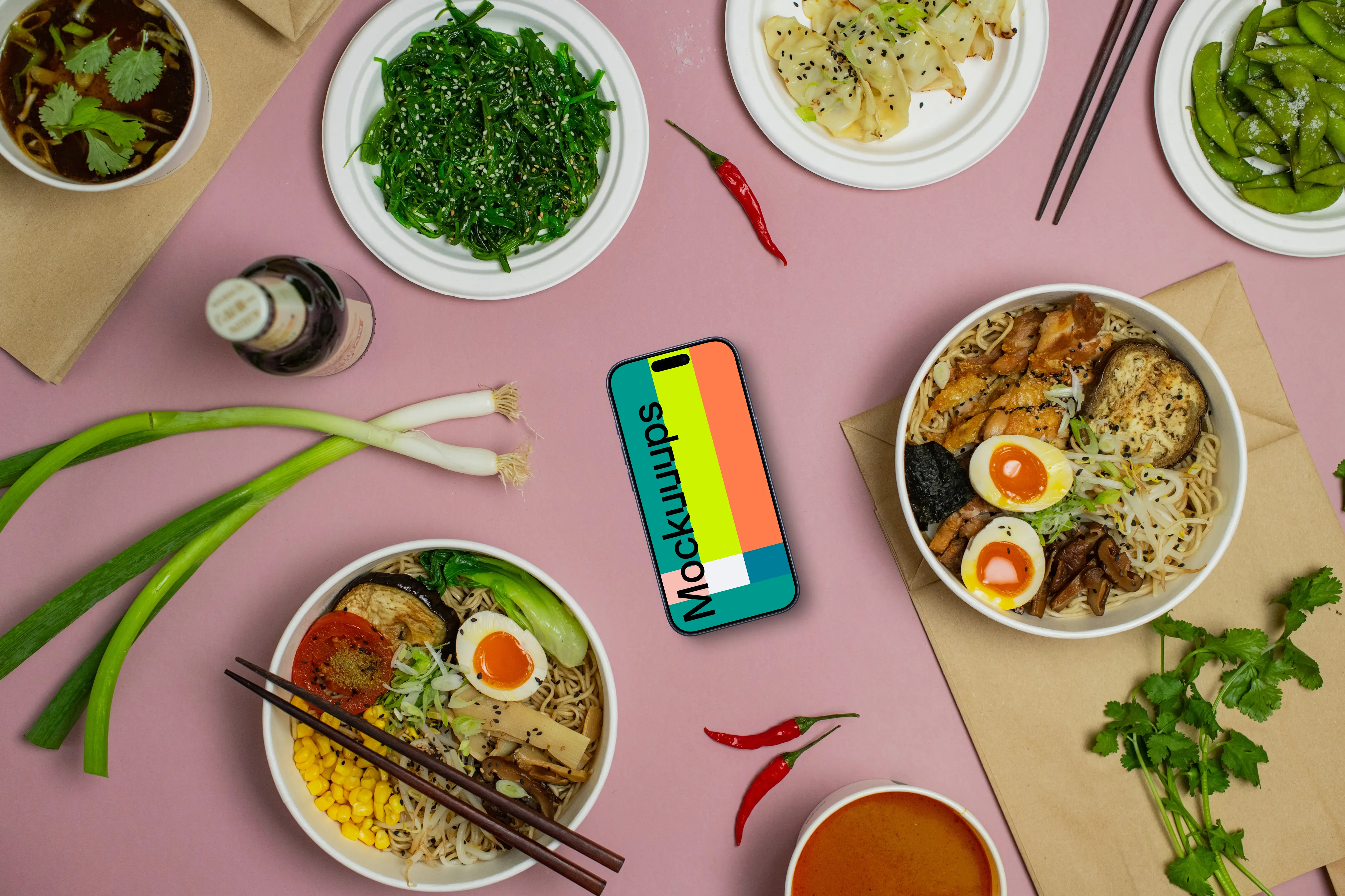 Japanese food around a smartphone mockup