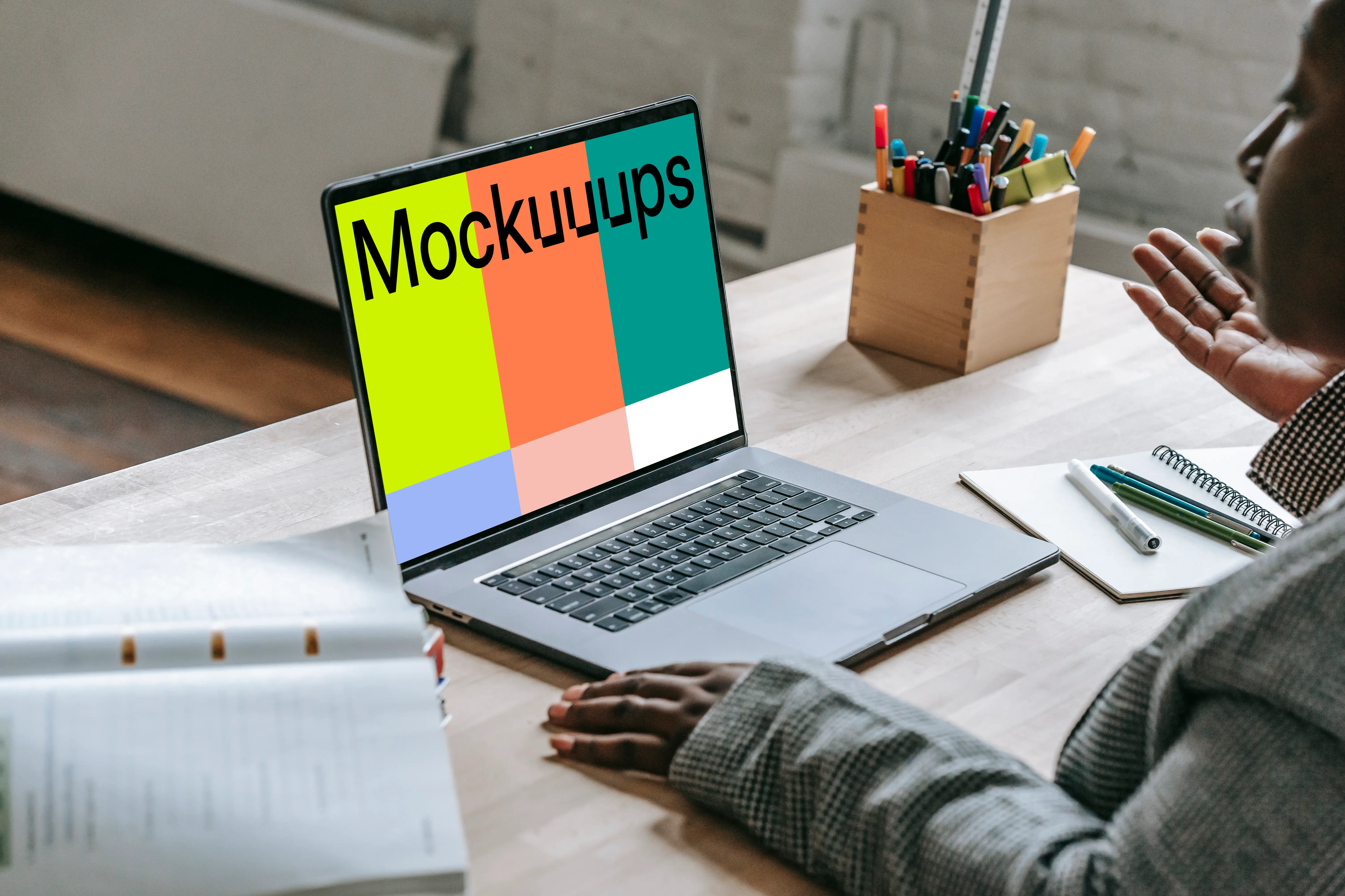 Lady speaking directly to her MacBook Pro mockup