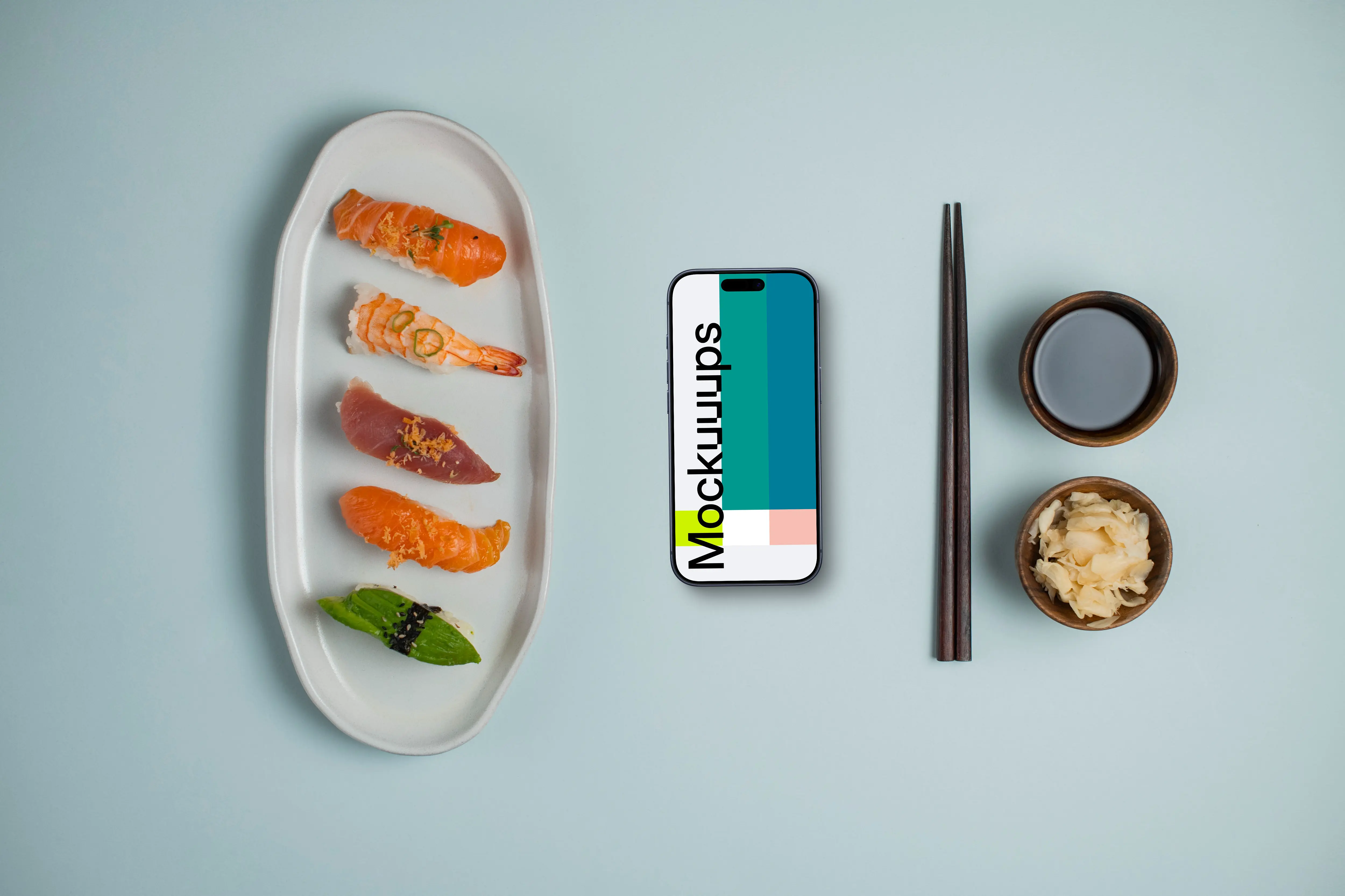 Nigiri sushi on a plate next to the Smartphone mockup