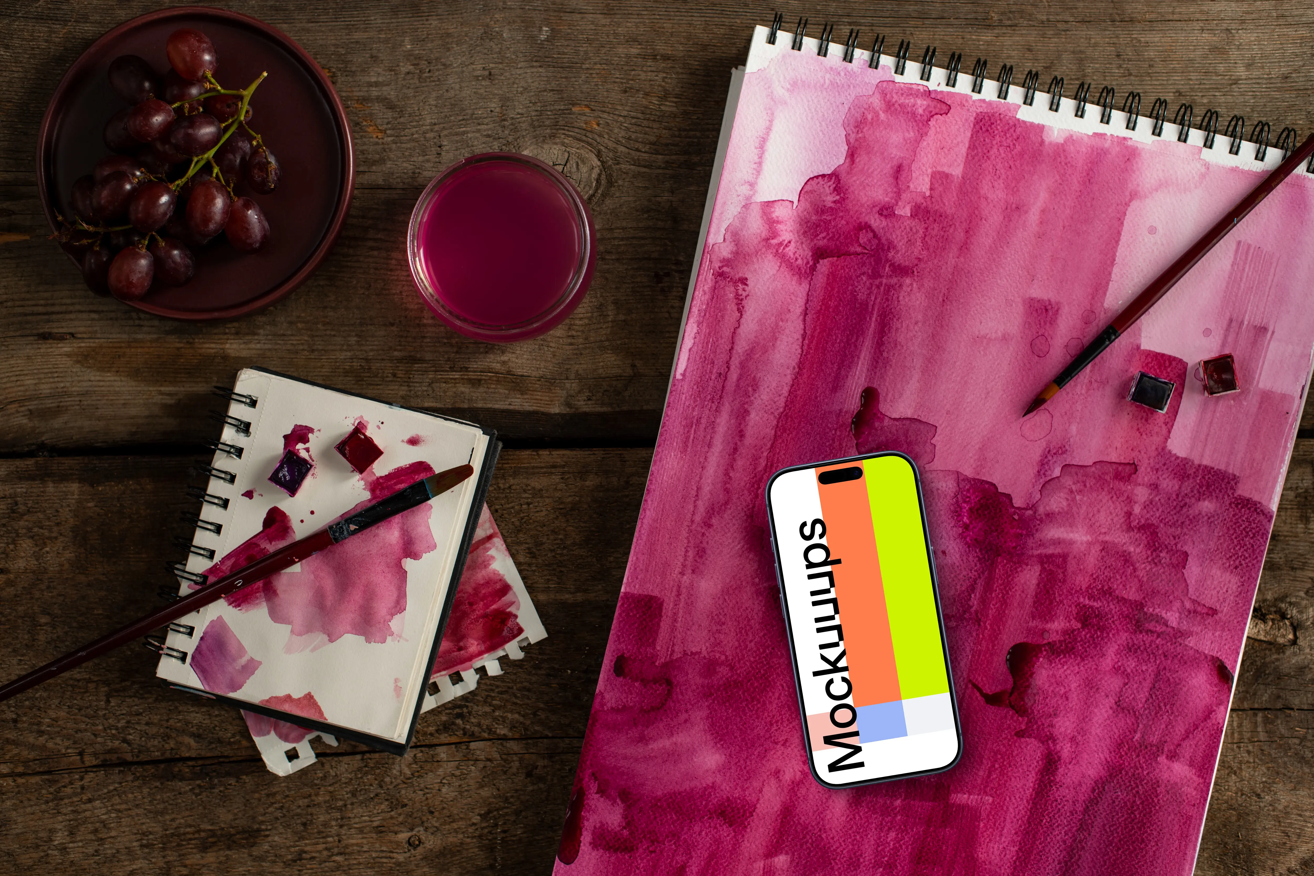 Phone mockup on the Magenta watercolor painting