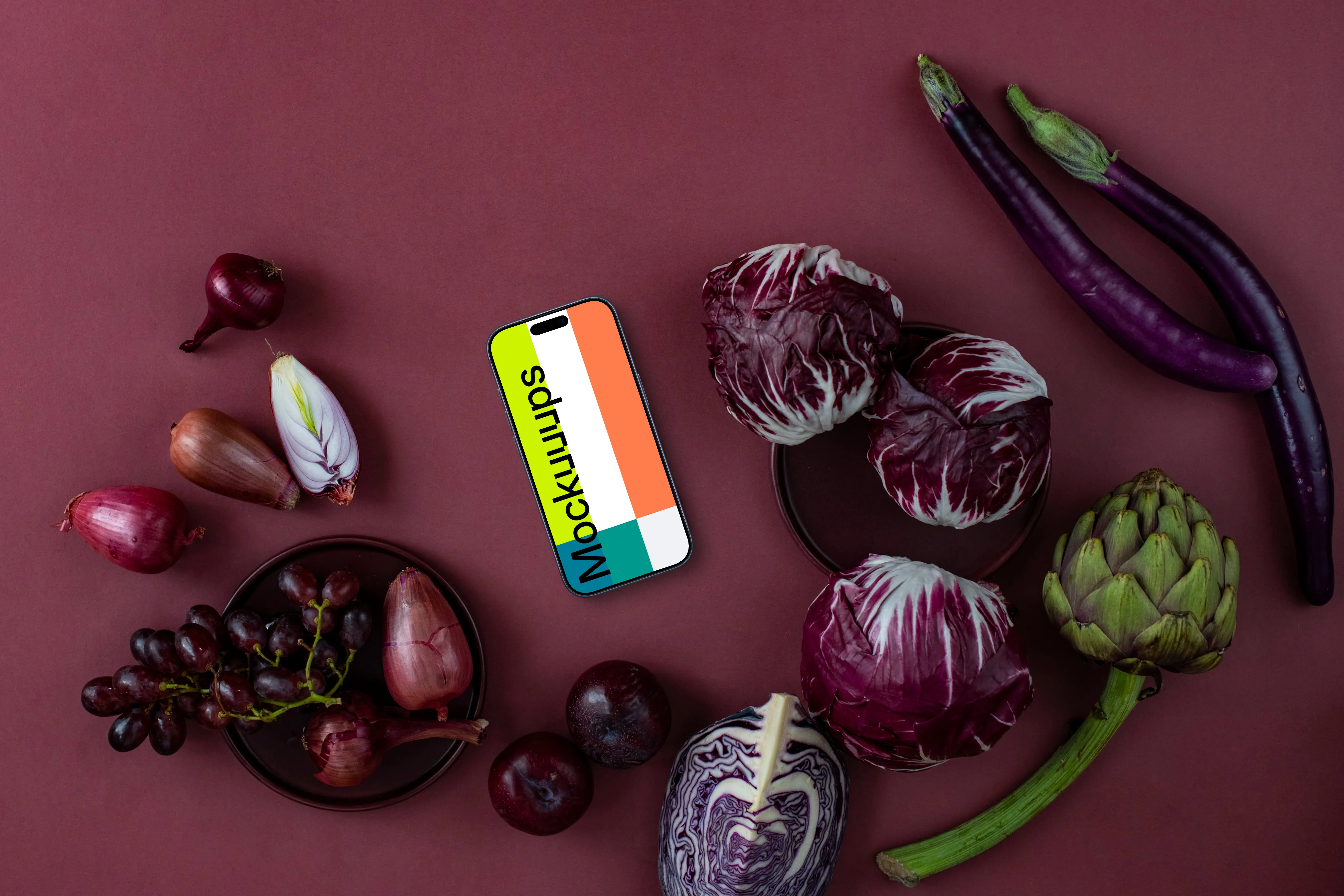 Phone with food in Viva Magenta theme