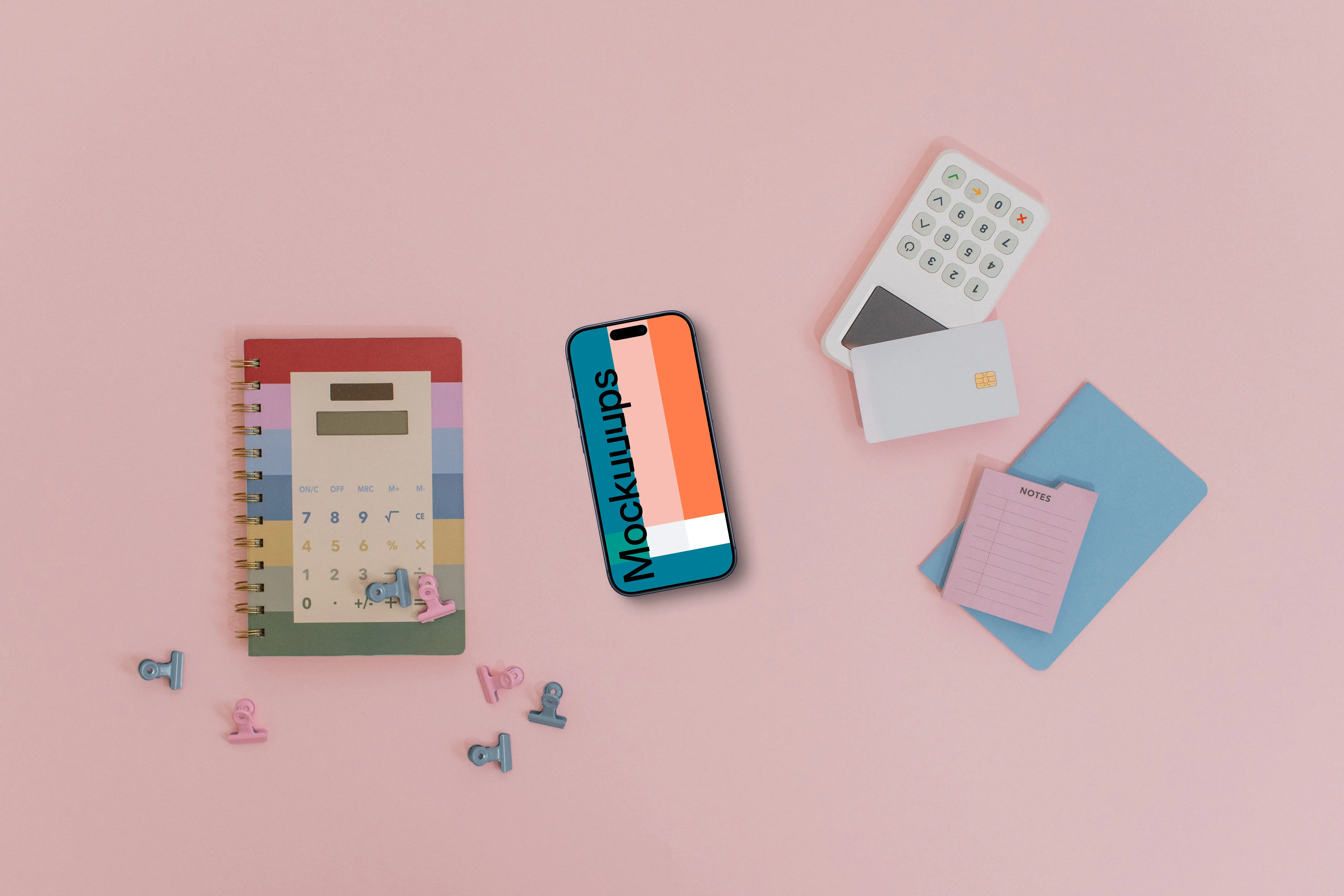 Pink background with payment terminal and an iPhone mockup