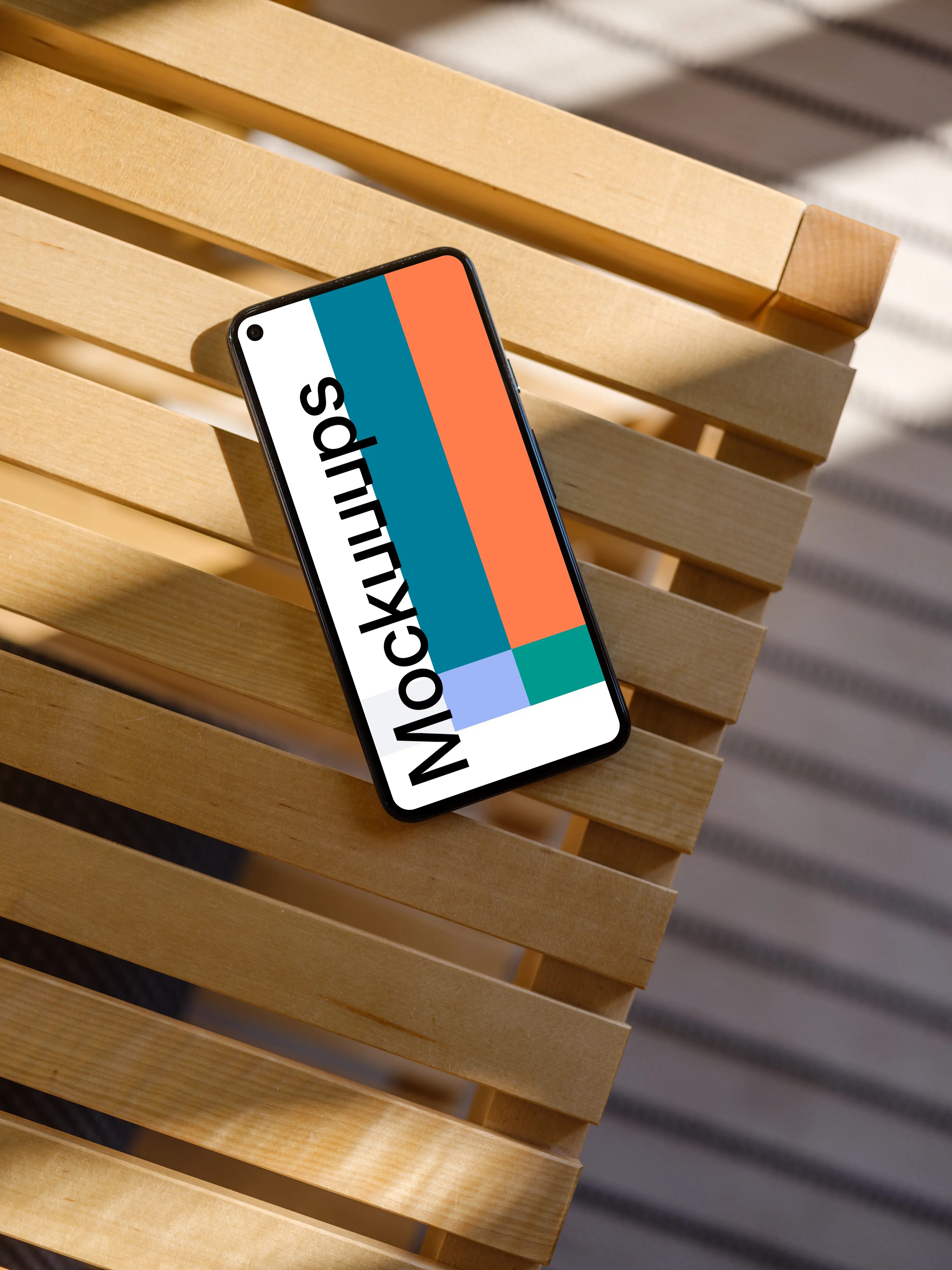 Pixel 5 mockup on a wooden stand