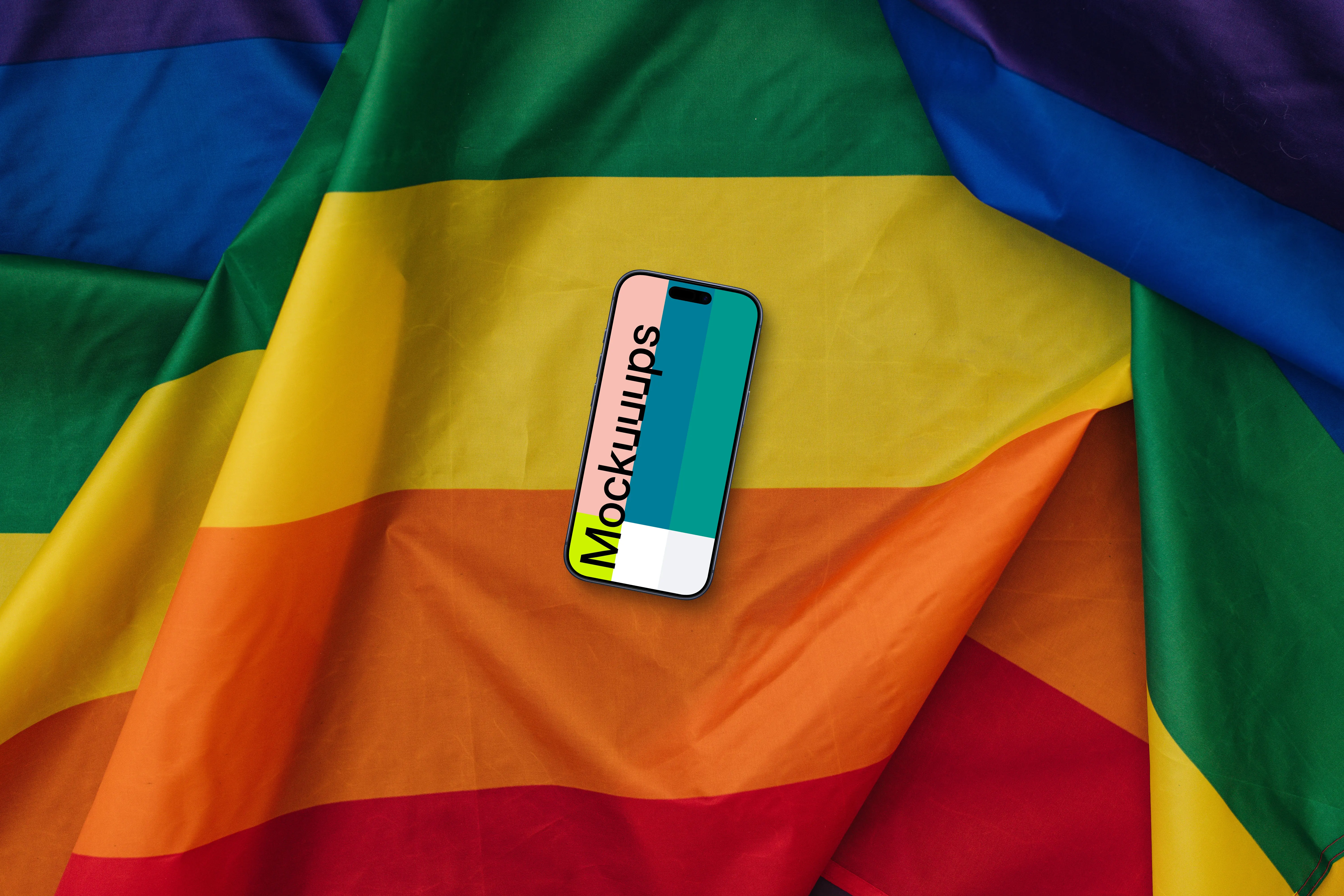 Pride smartphone mockup on a rainbow flag