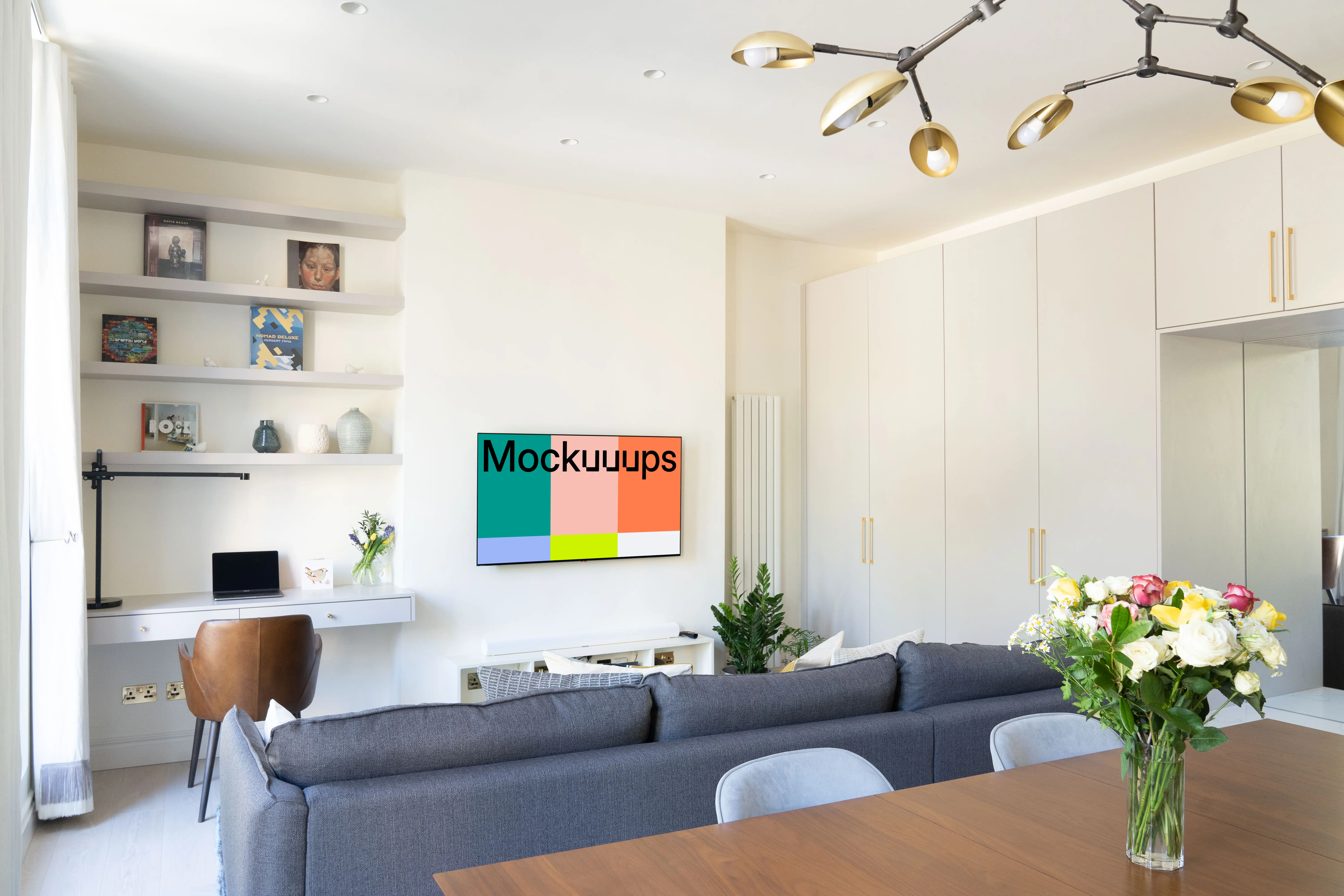 Smart television mockup hung on a wall in a modern apartment