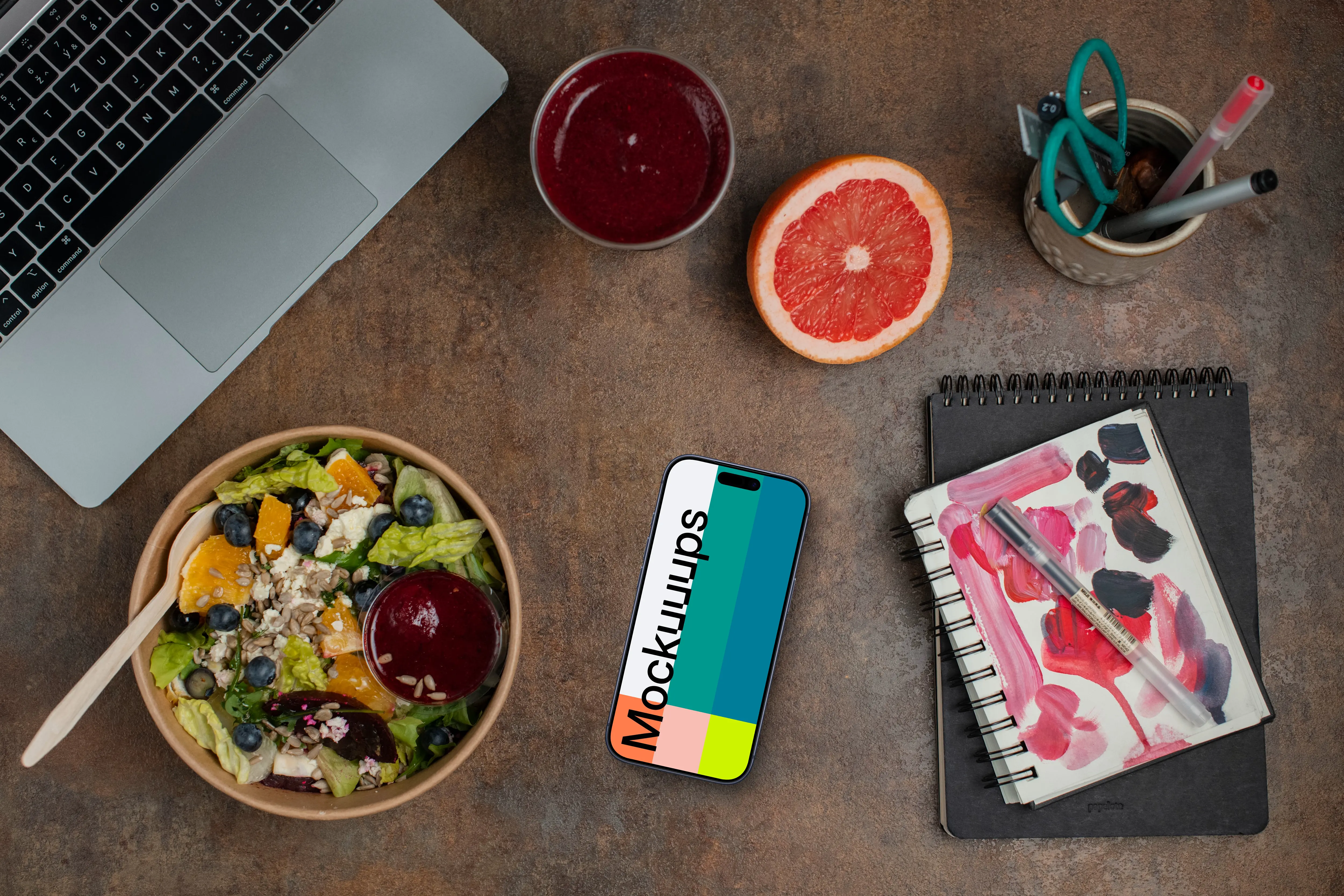 Smartphone mockup next to the delicious salad