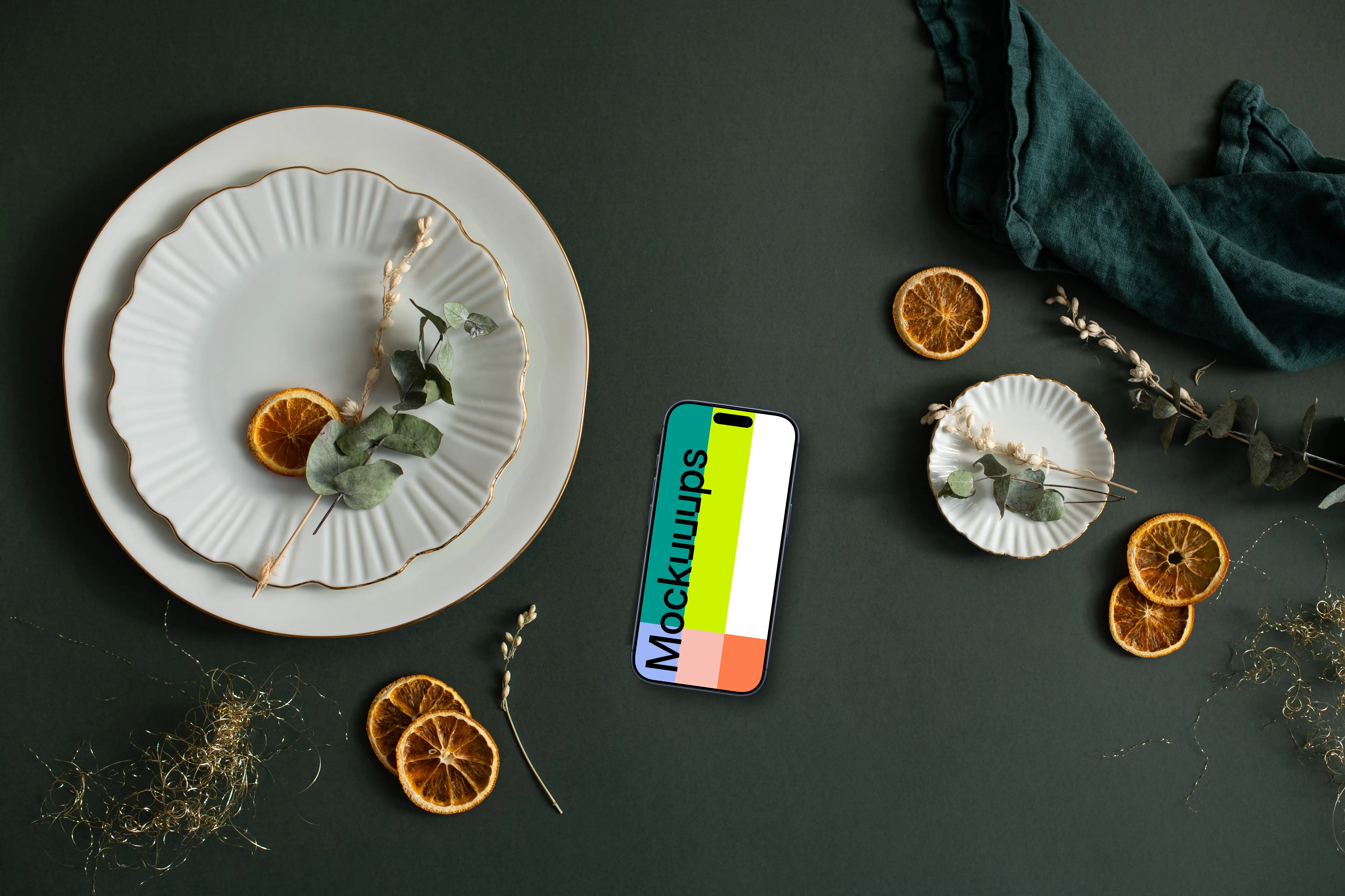 Smartphone mockup placed on the christmas table