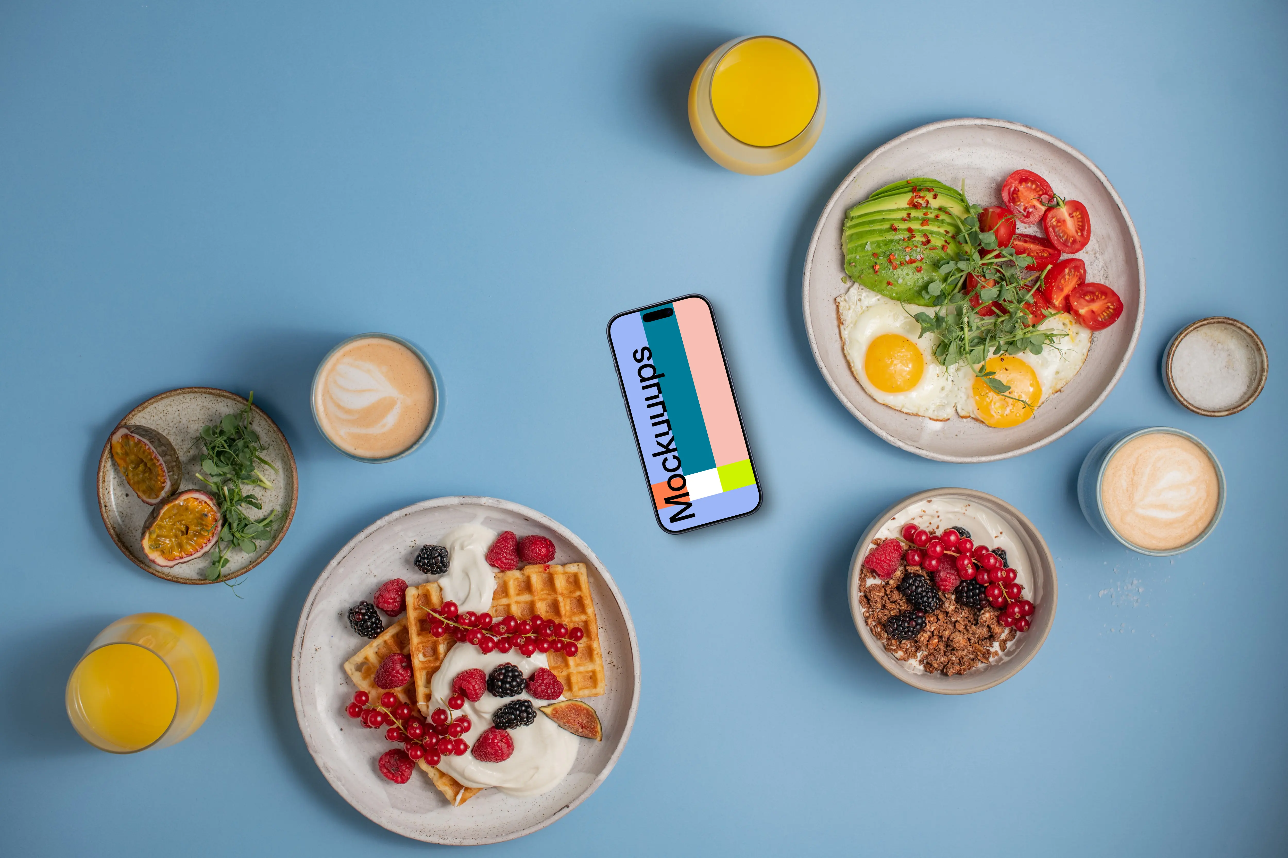 Smartphone mockup surrounded by breakfast