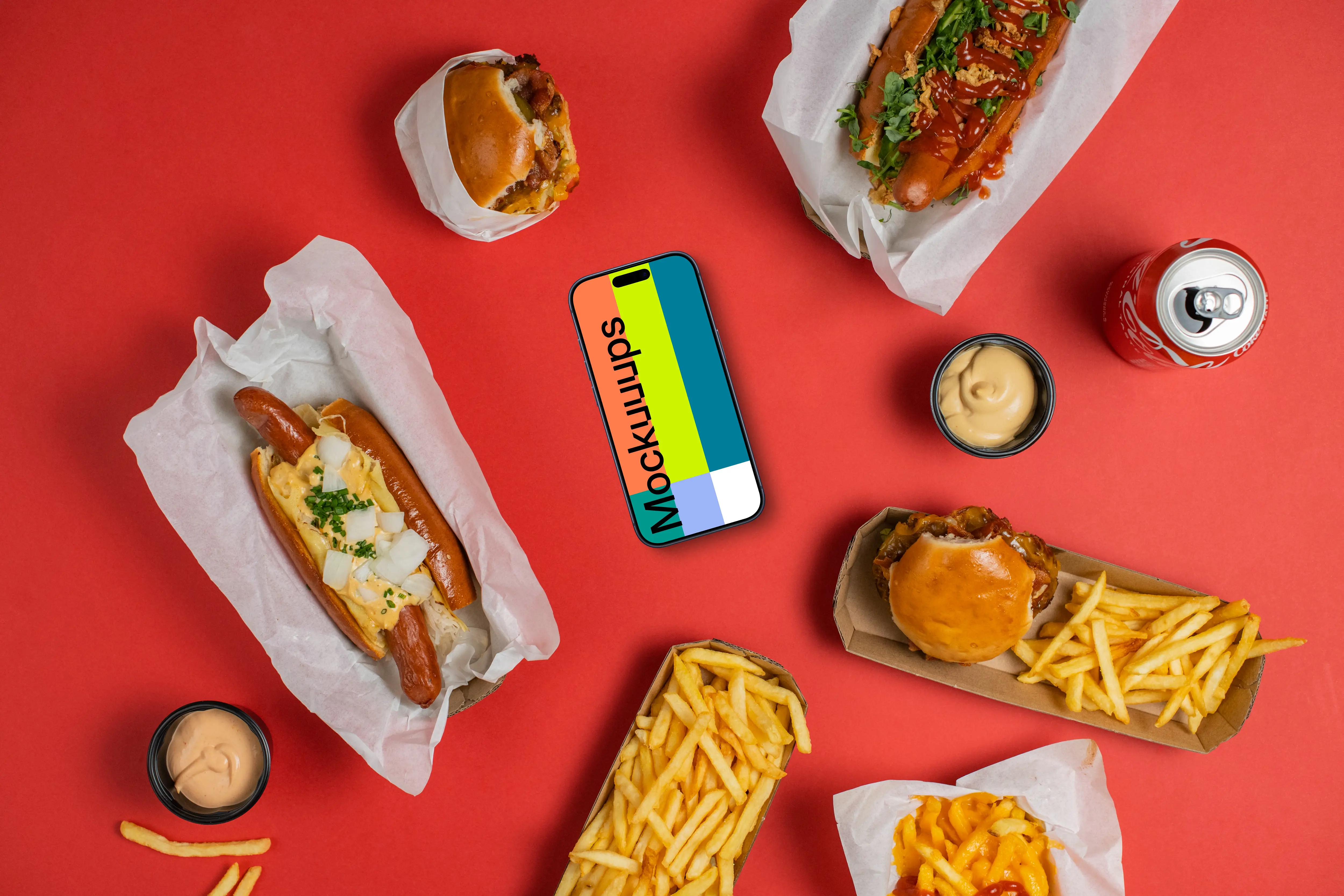 Smartphone mockup surrounded by fast food