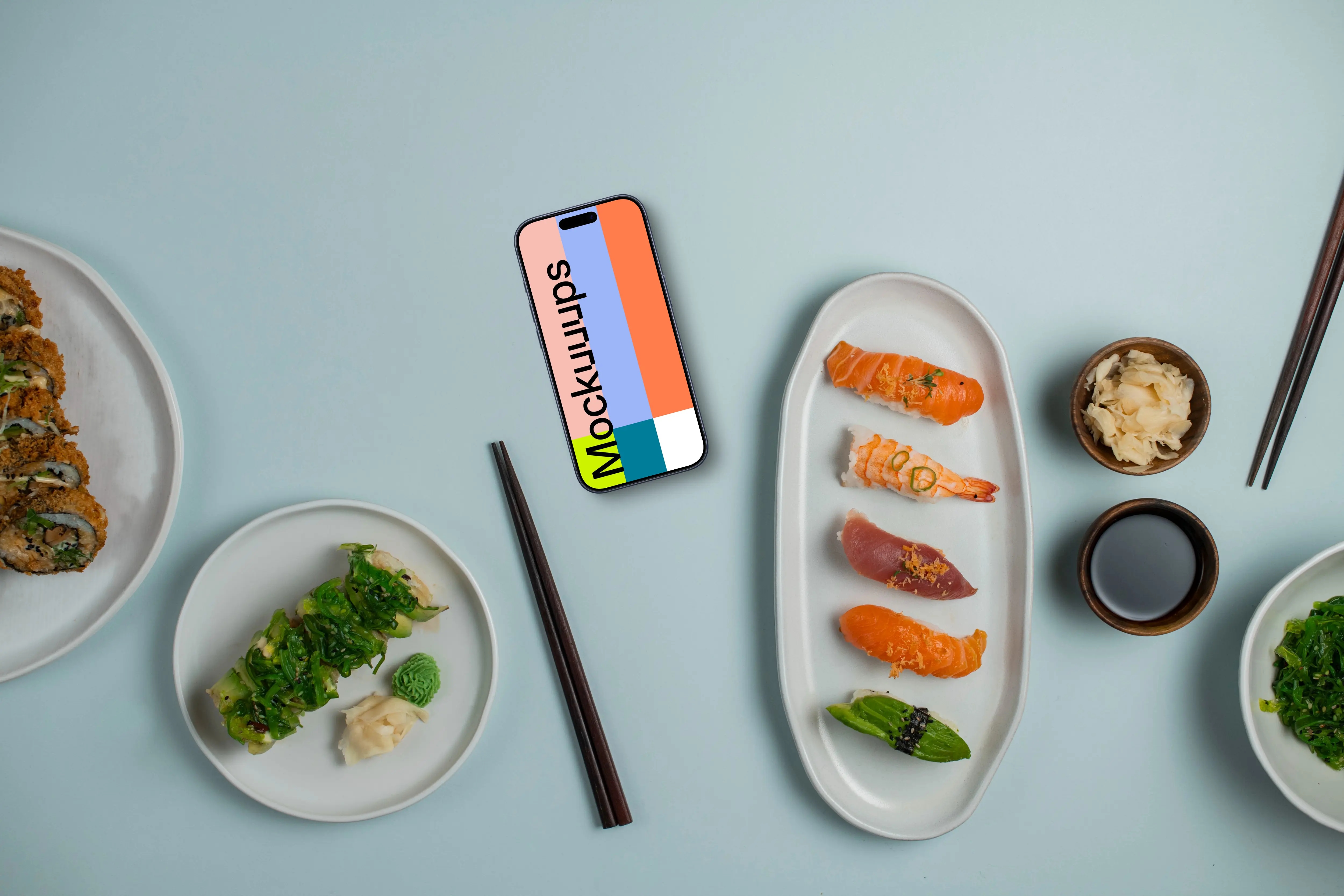 Smartphone mockup surrounded by sushi