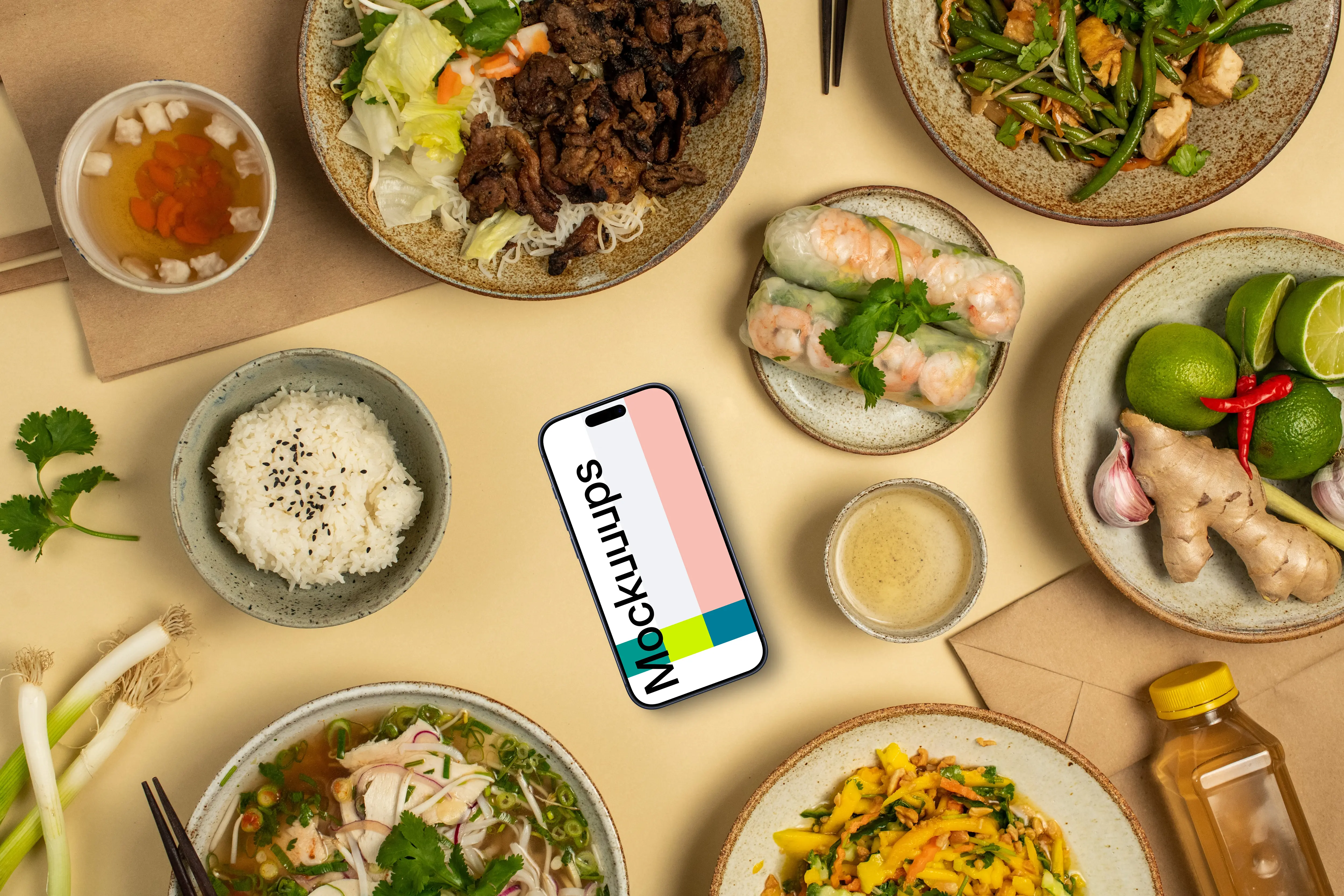 Smartphone mockup surrounded by vietnamese cuisine meals