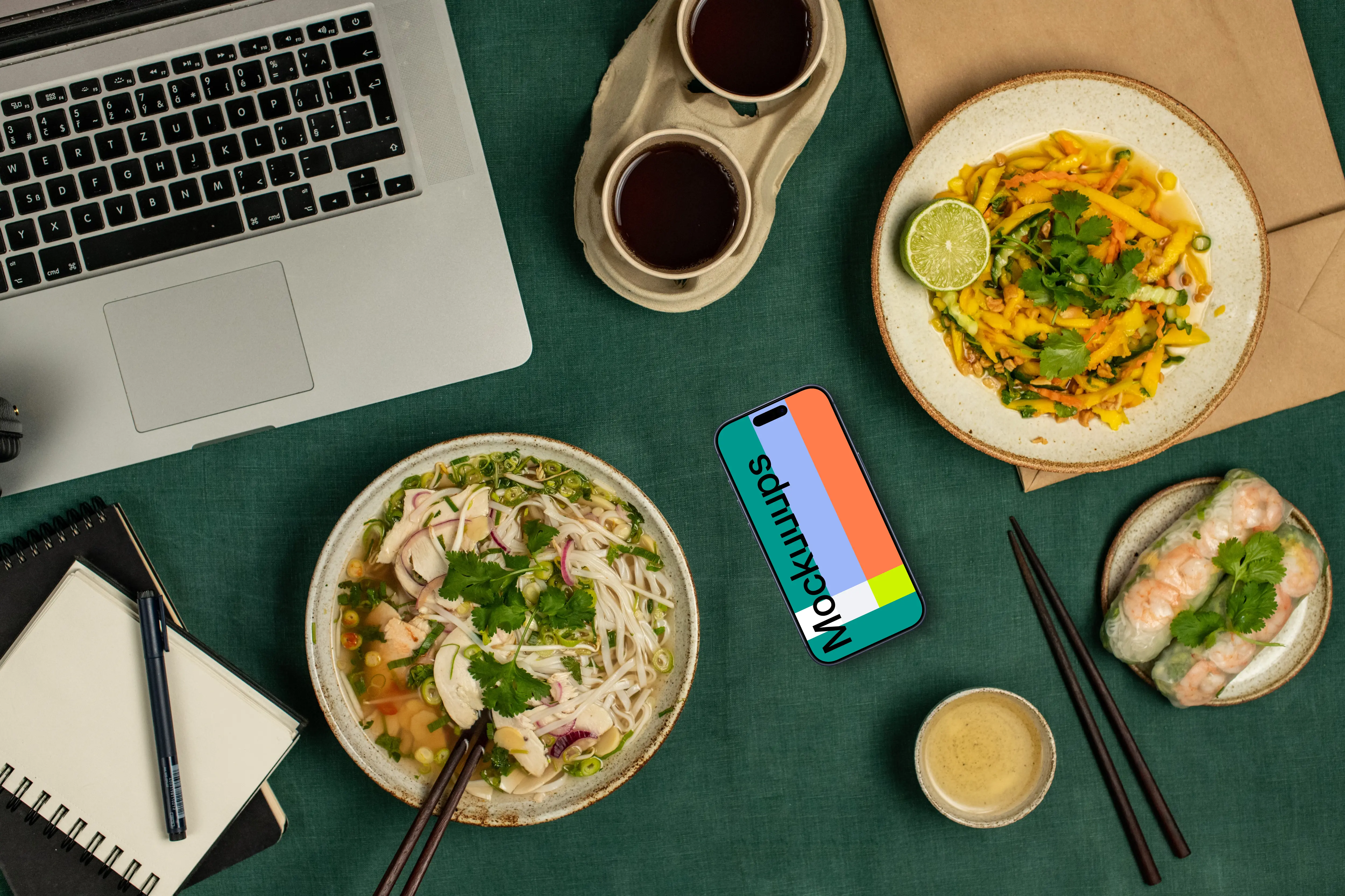 Smartphone mockup surrounded by vietnamese food