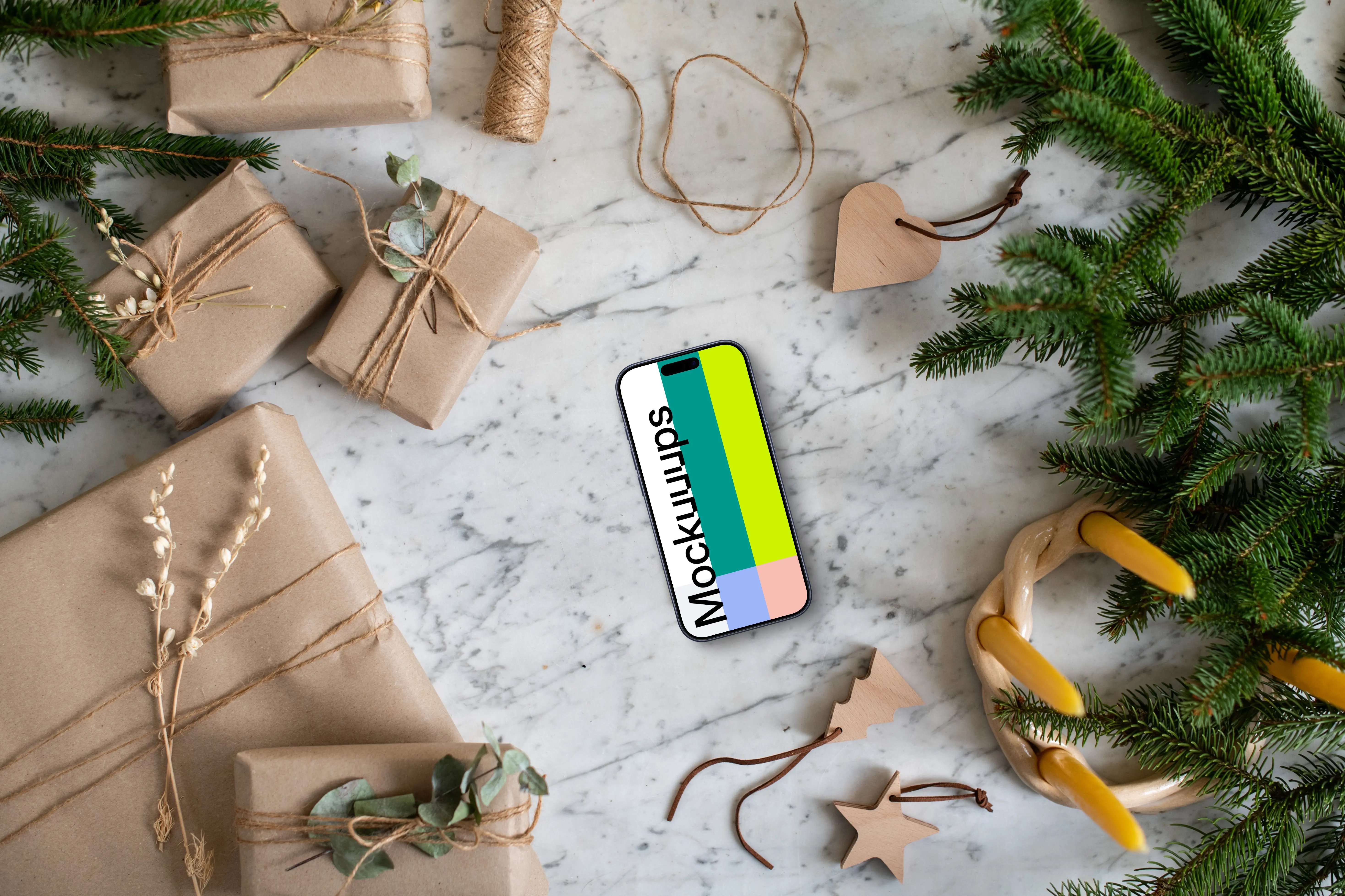 Smartphone mockup with christmas decoration