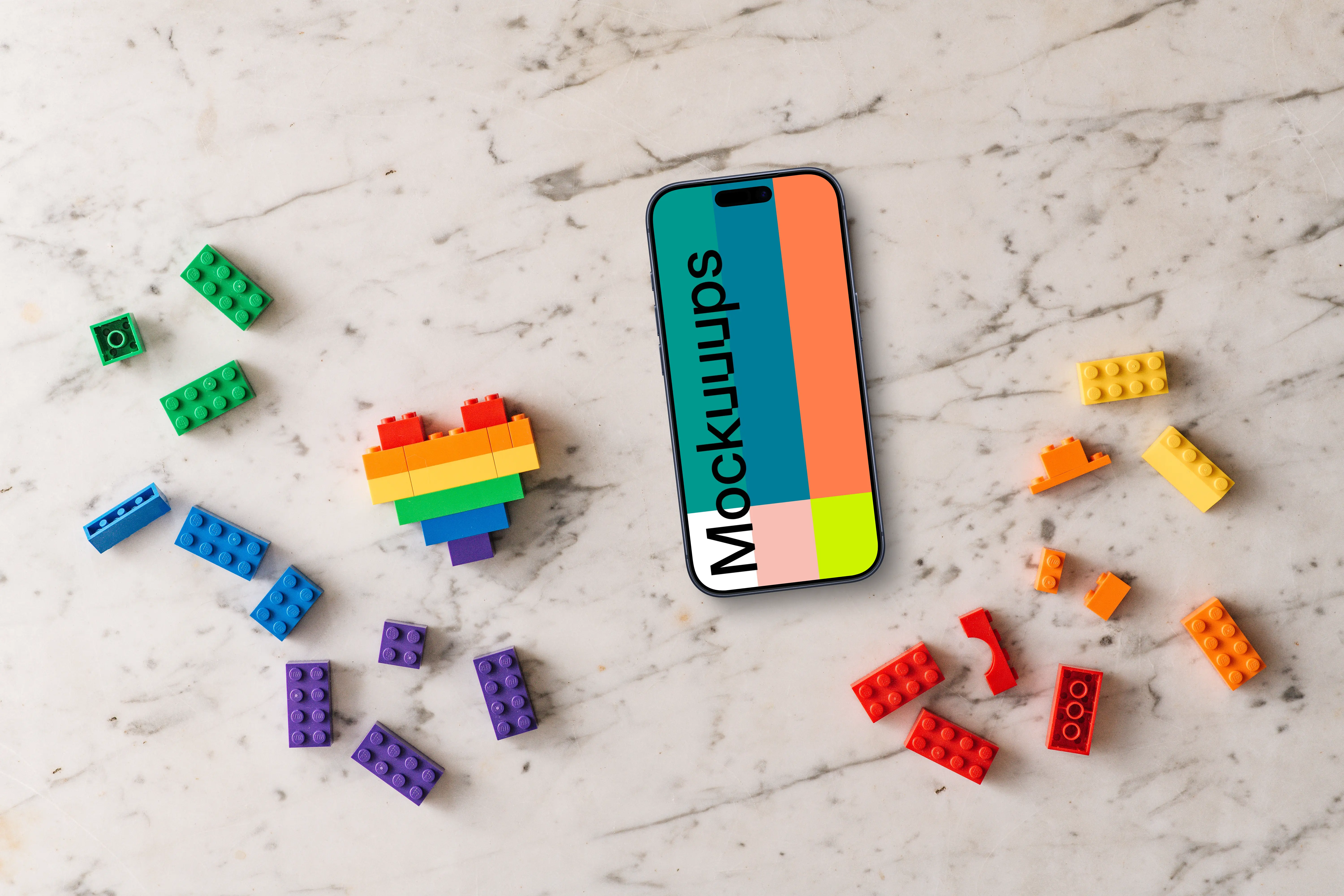 Smartphone mockup with rainbow colored toy bricks