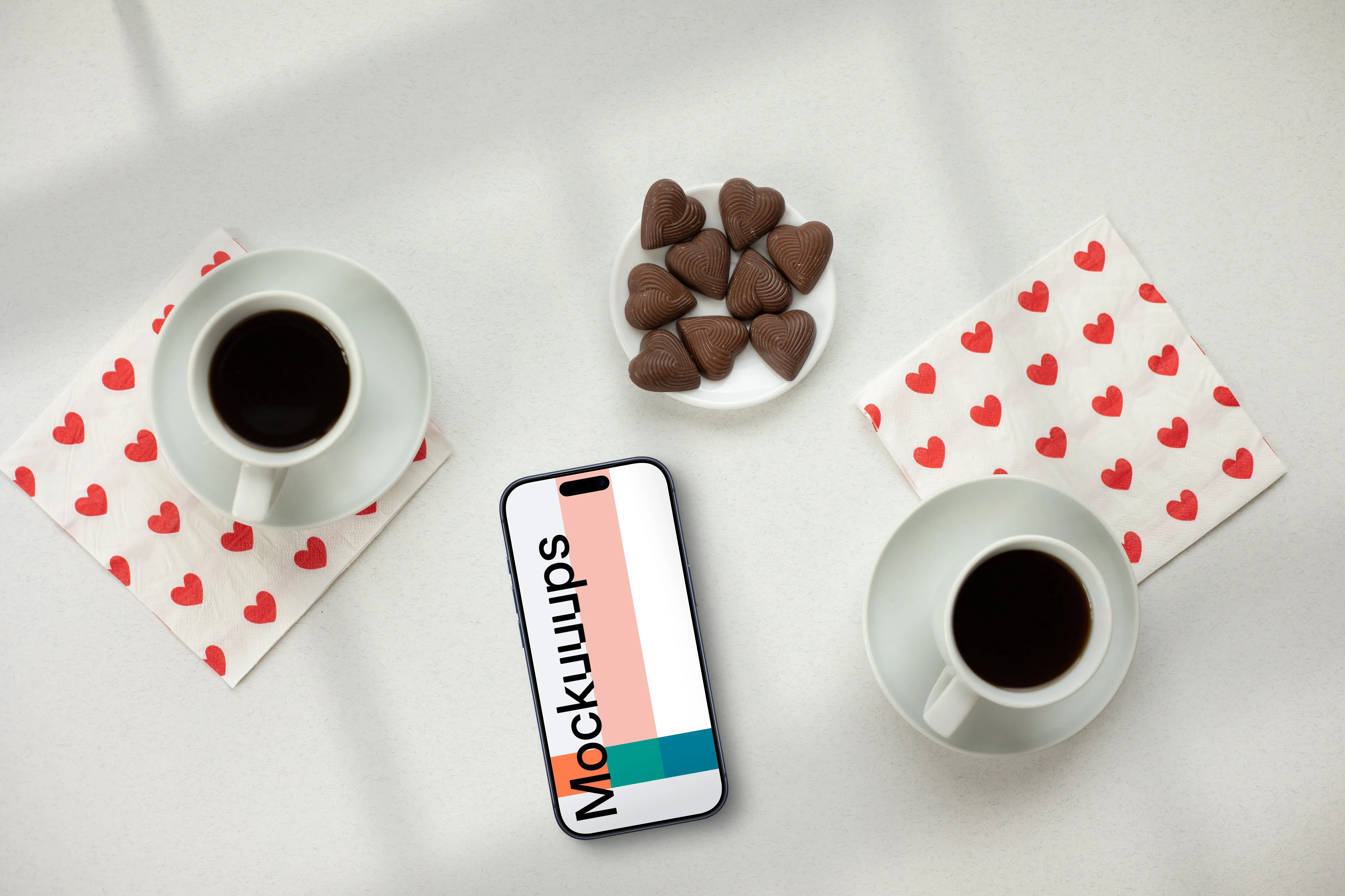 Smartphone mockup with two coffees and heart-shaped chocolates