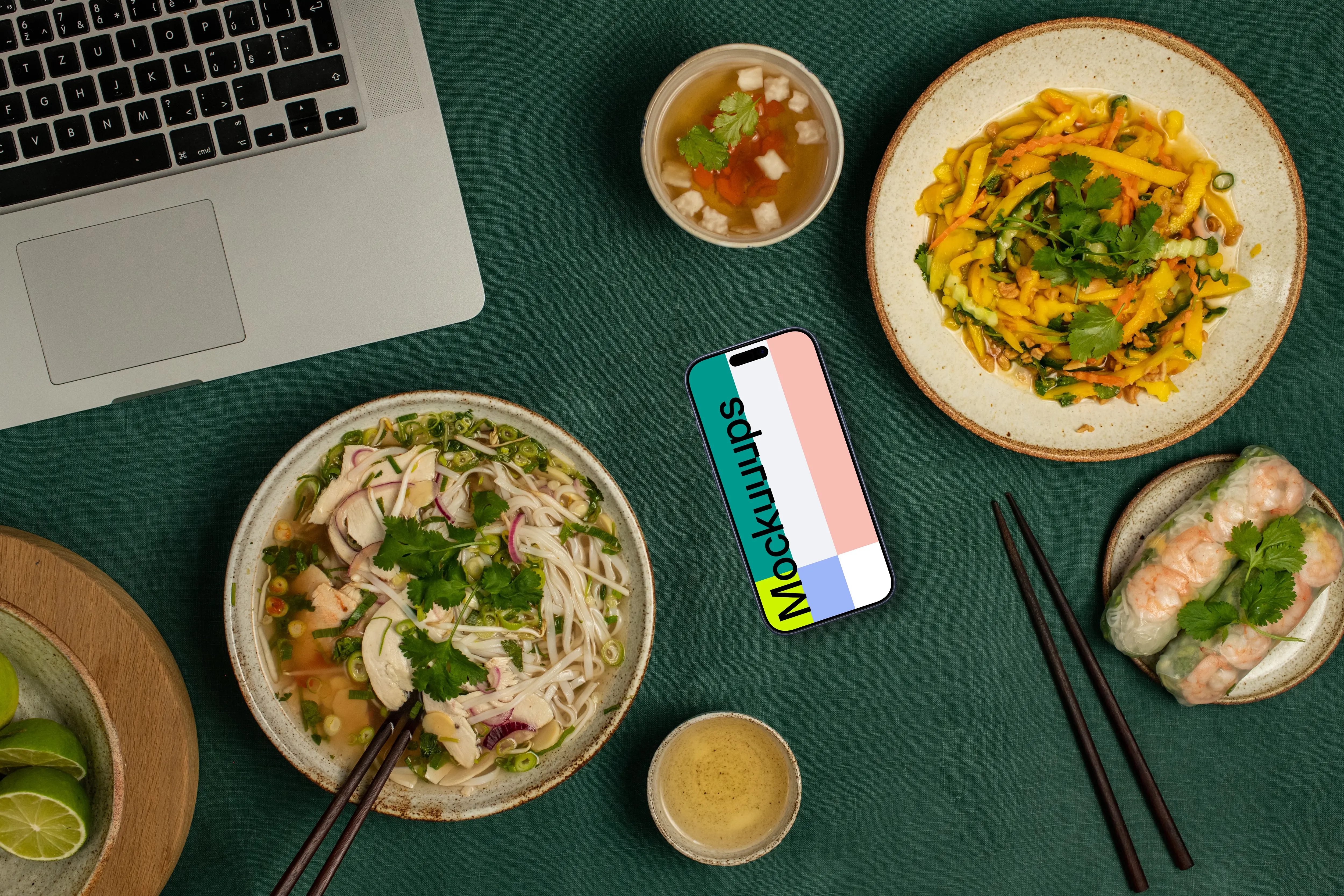 Smartphone mockup with vietnamese cuisine meals