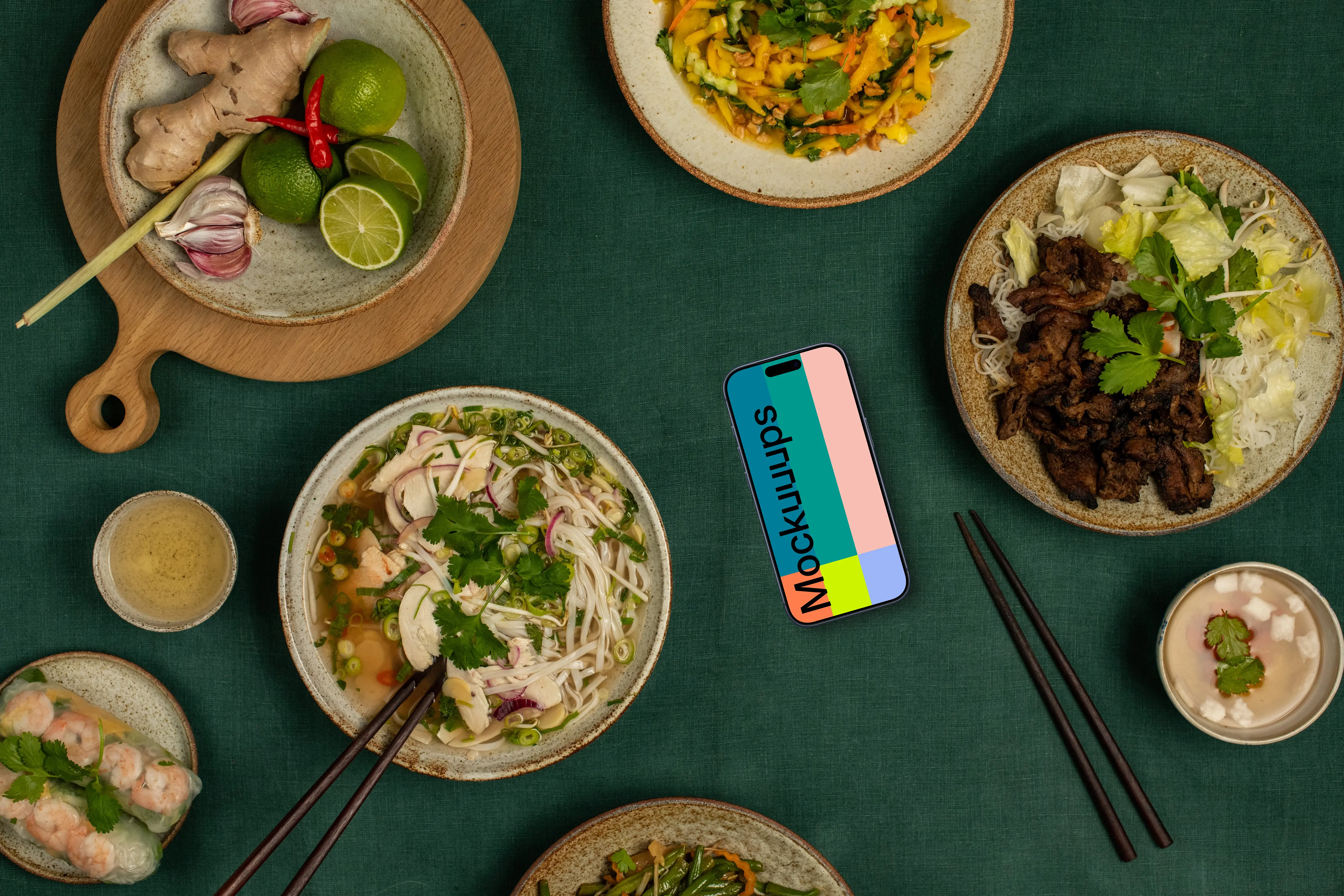 Smartphone mockup with vietnamese food
