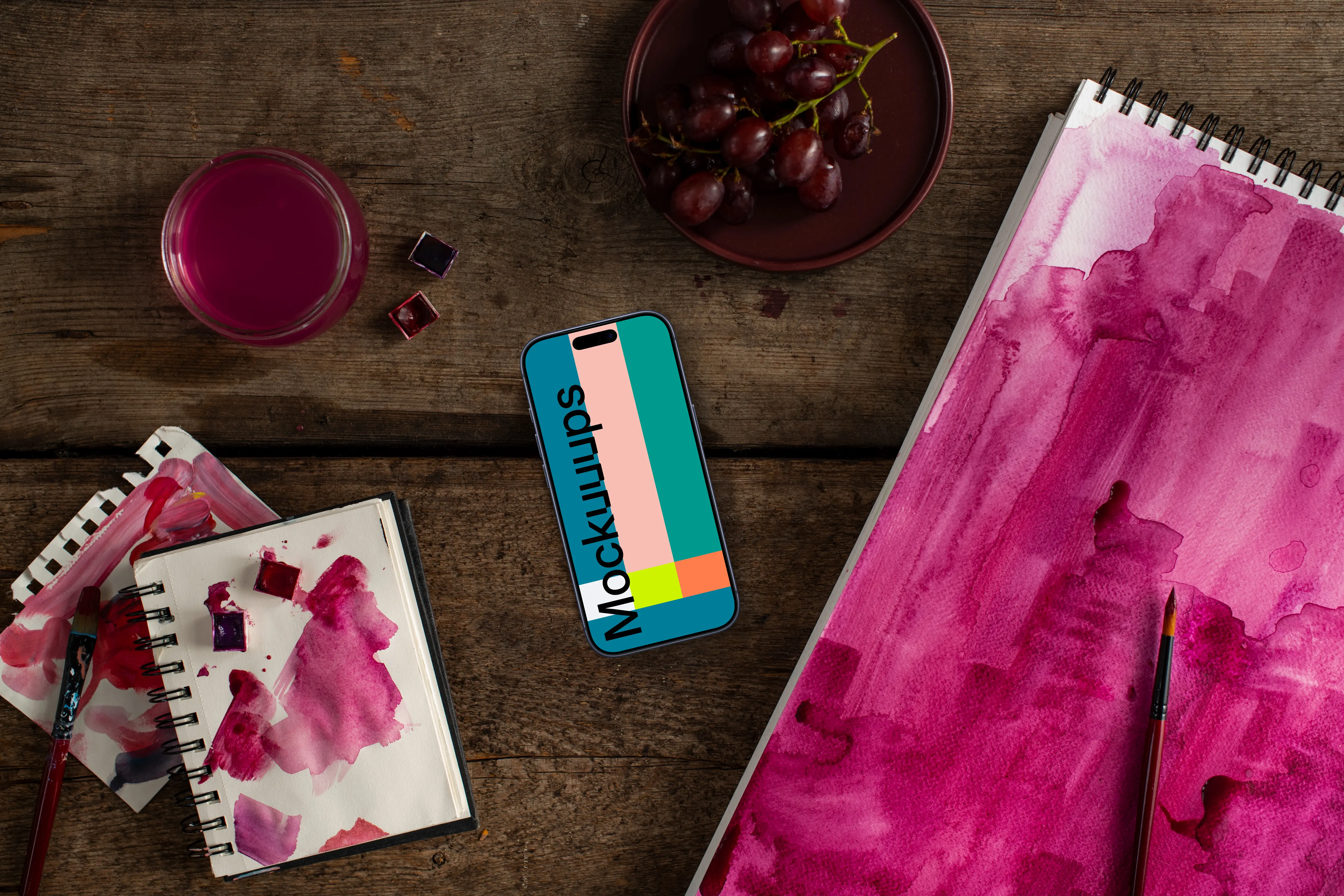 Smartphone with watercolor painting in Viva Magenta shade