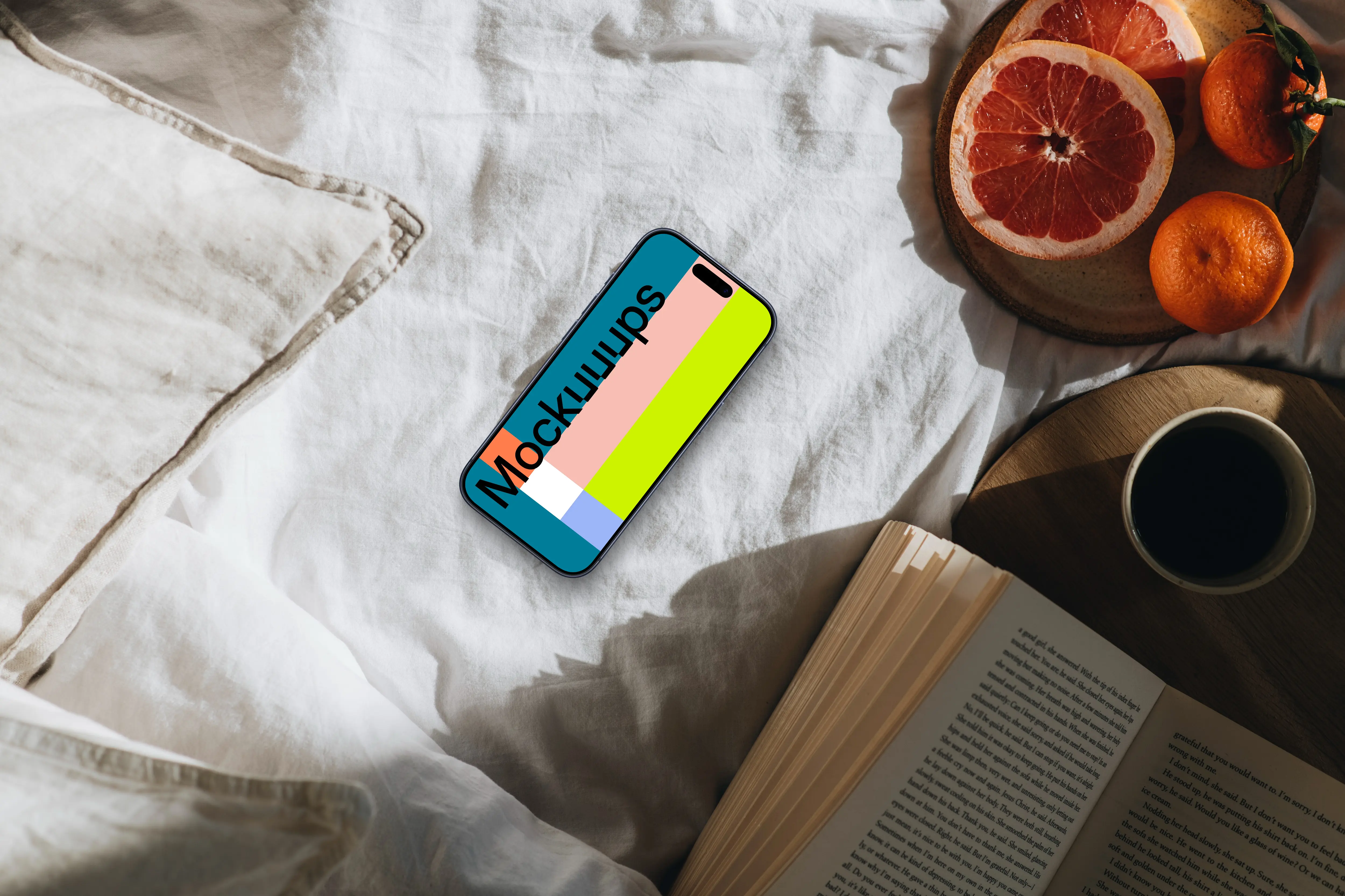 Sunny breakfast in bed and an iPhone mockup