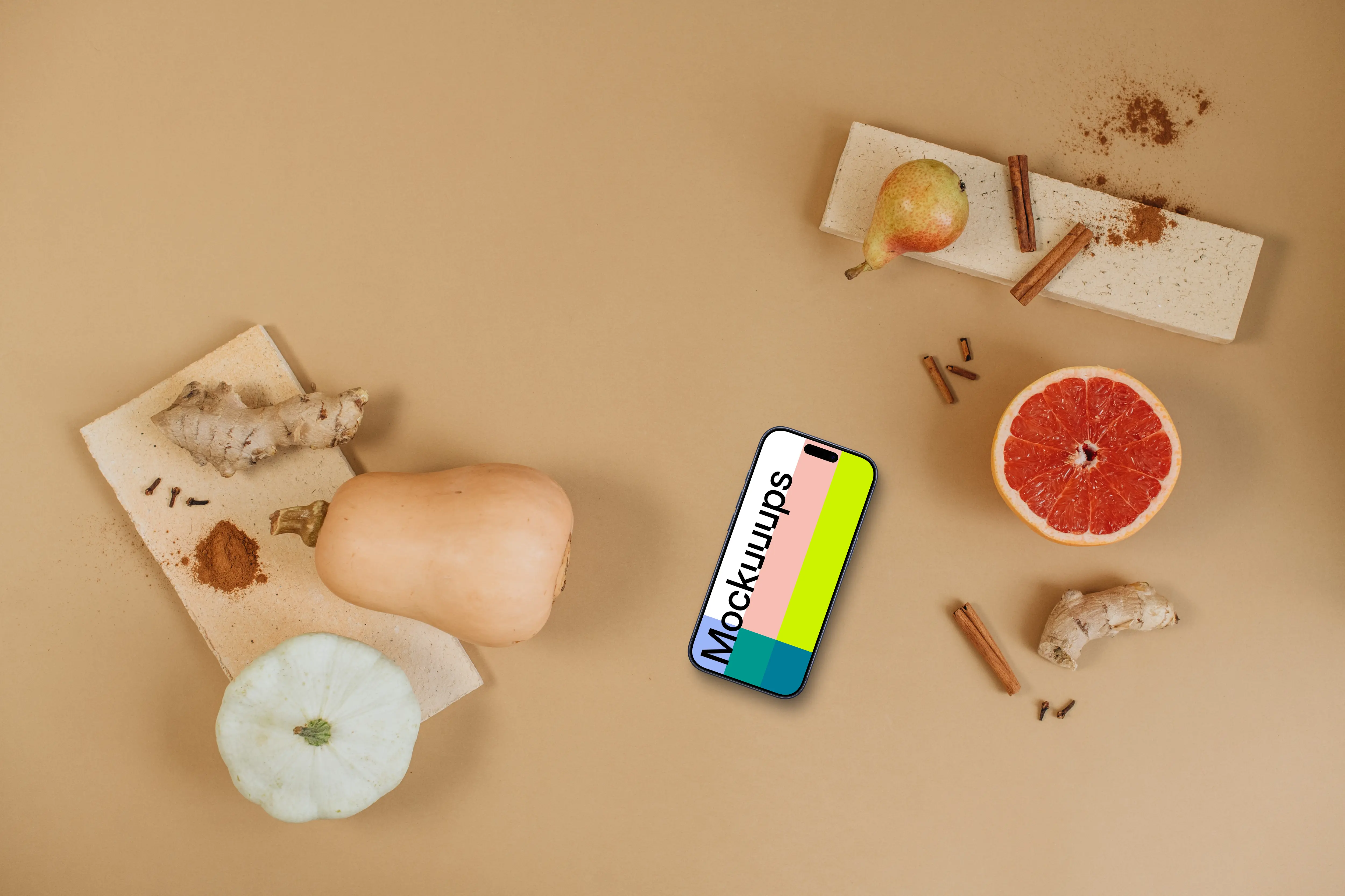 Top view of autumn scene with smartphone mockup