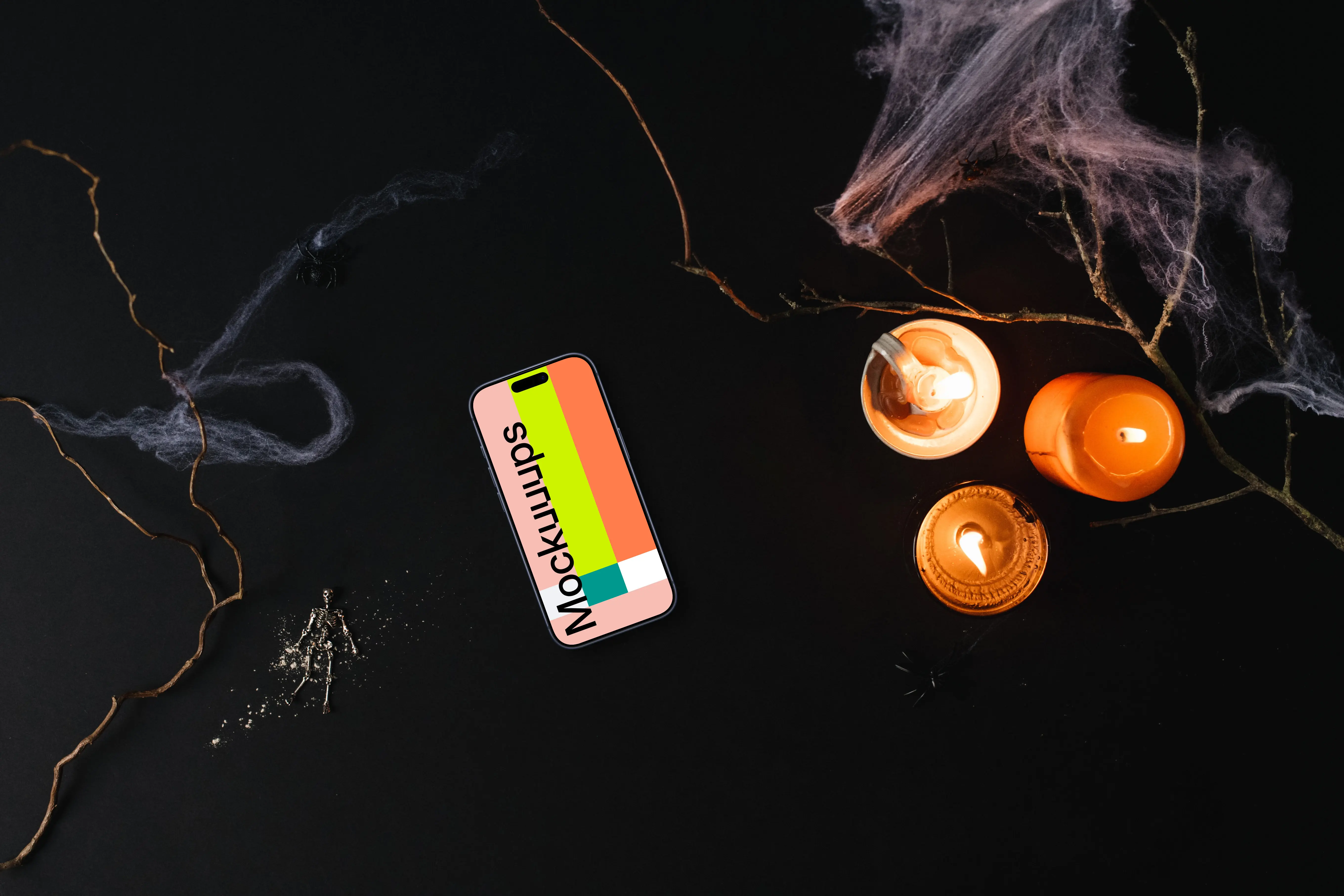 Top view of halloween pumpkin mockup with a smartphone