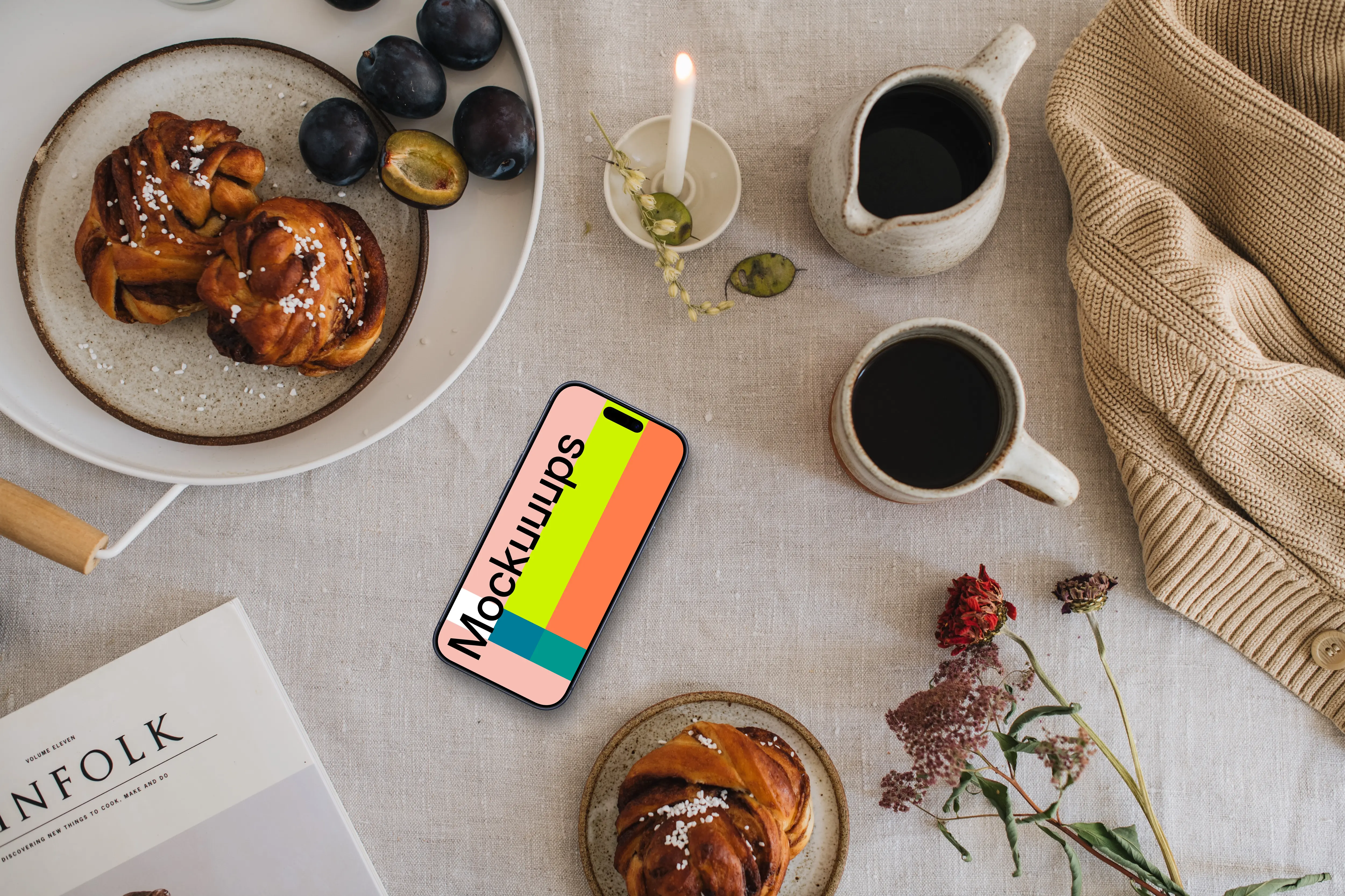 Top view of phone mockup on the dinning table