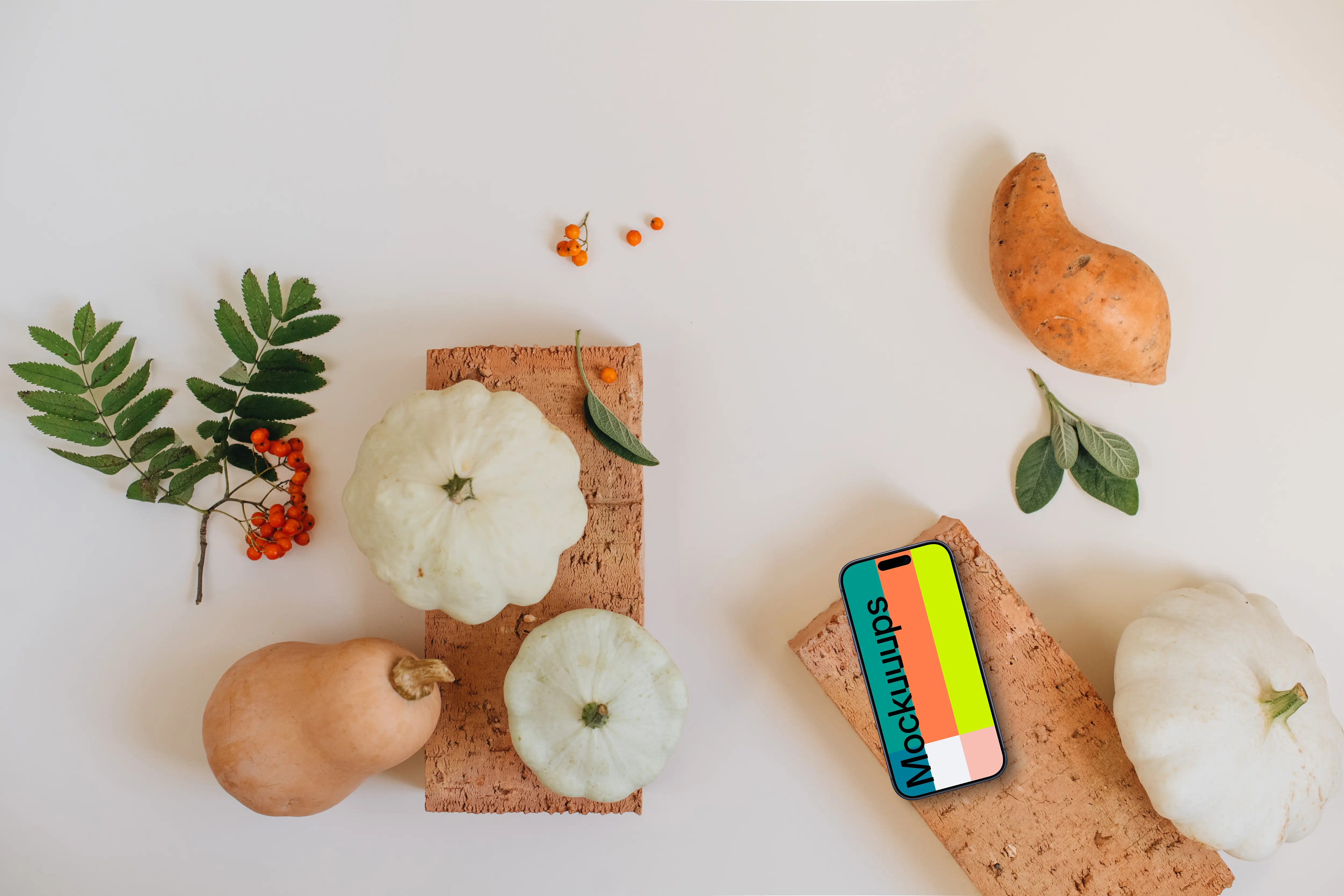 Top view of smartphone mockup on the brick