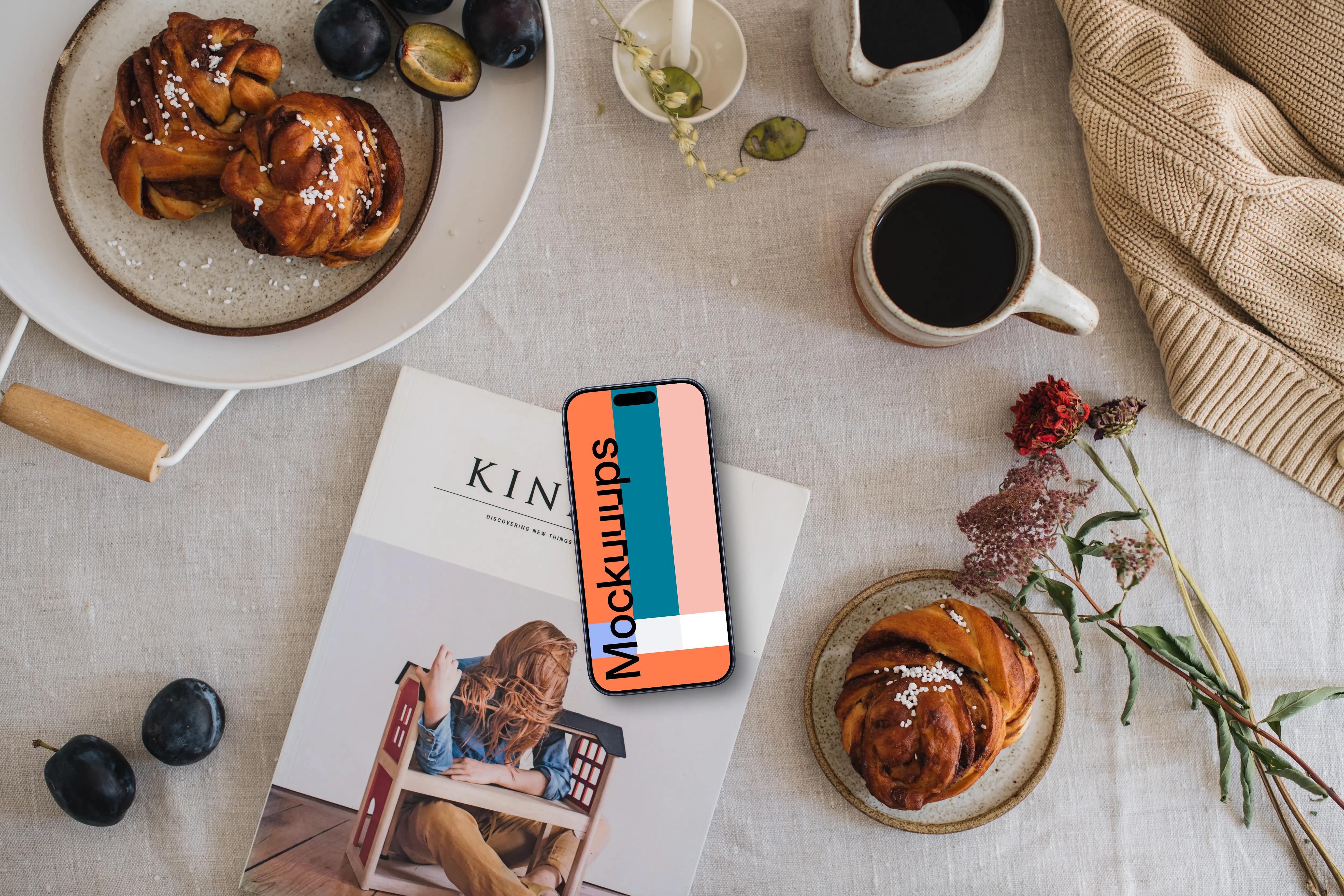 Top view of smartphone mockup on the dinning table