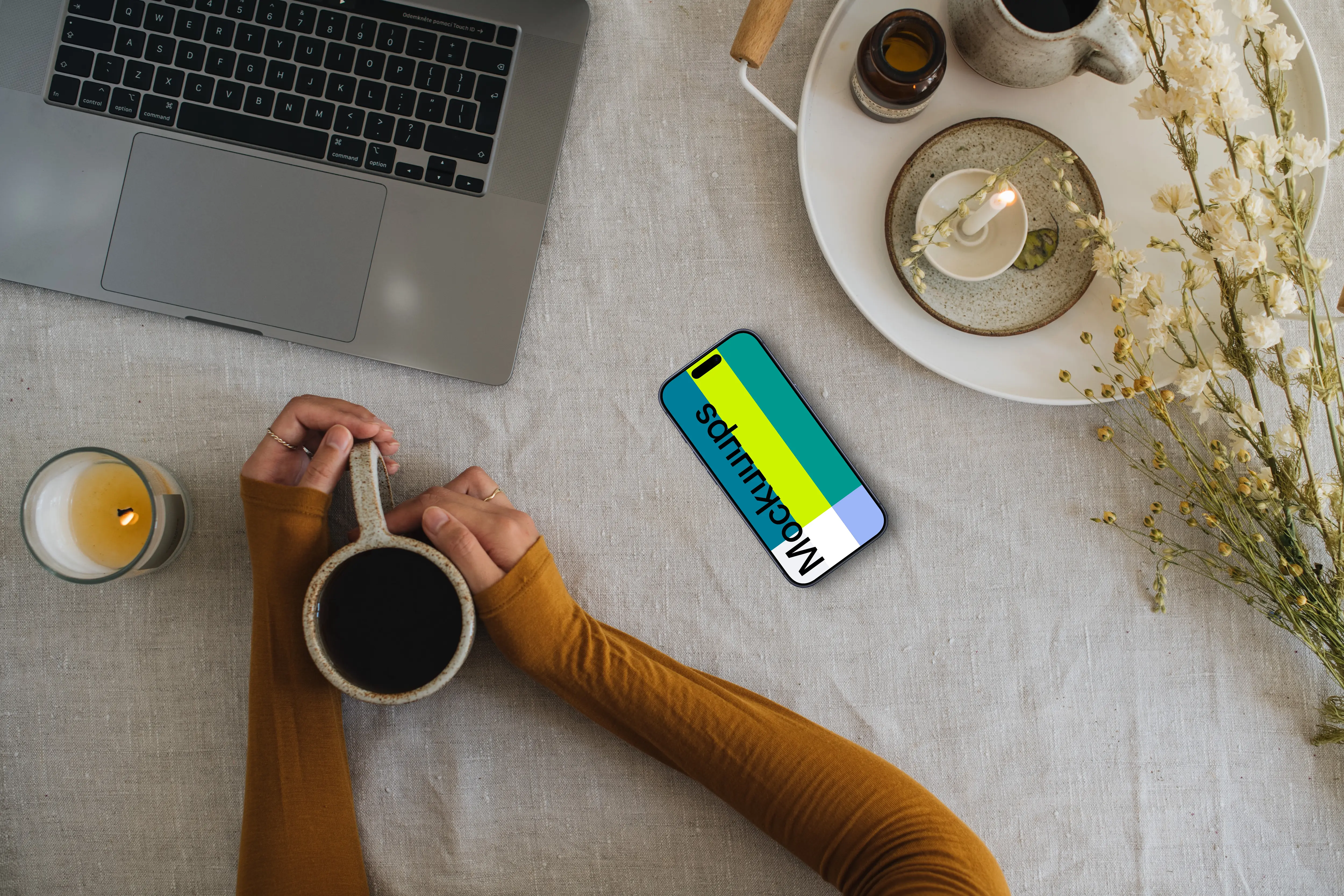 Top view of smartphone mockup with a coffee