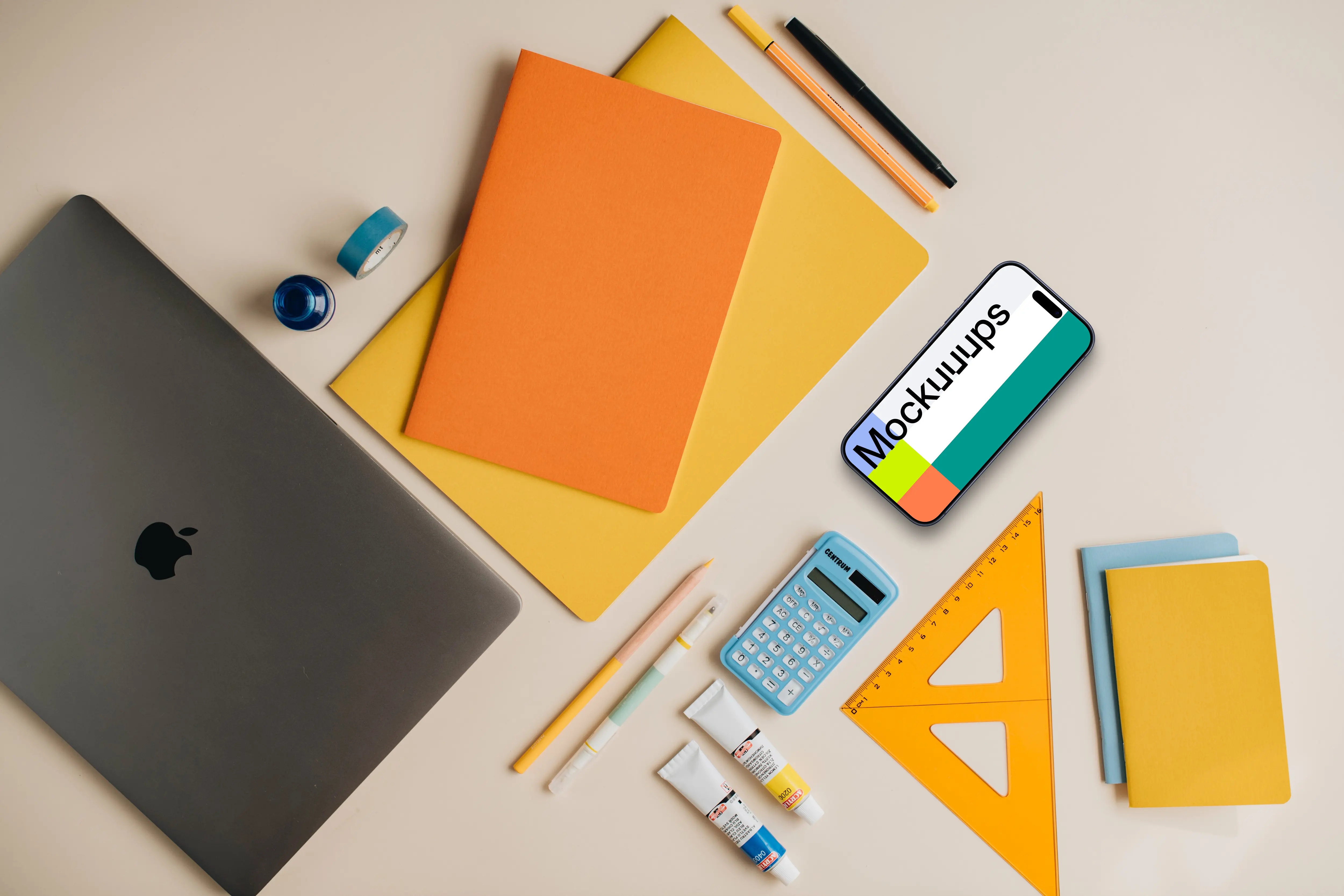 Top view of smartphone mockup with back to school elements