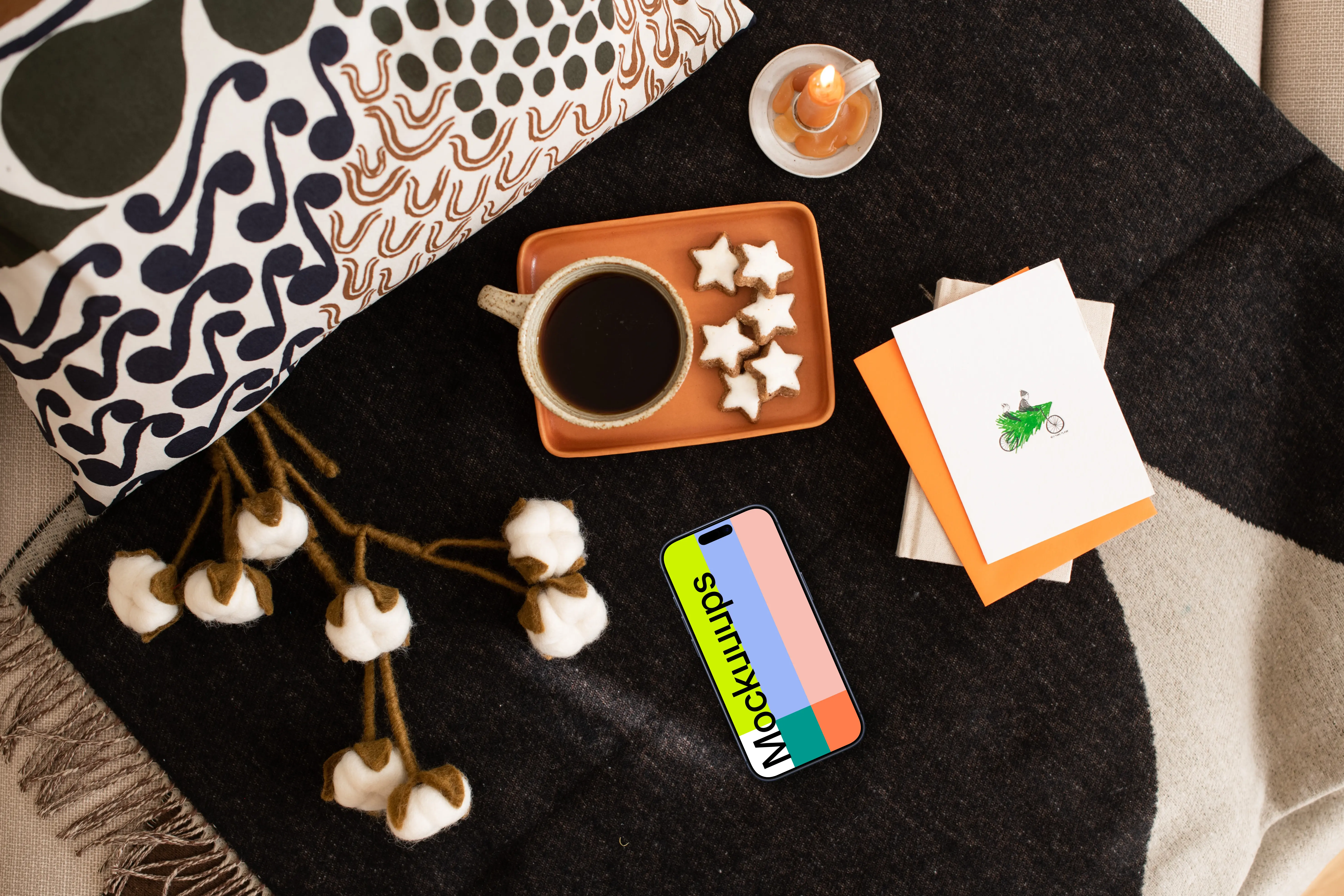 Top view of smartphone mockup with Xmas design