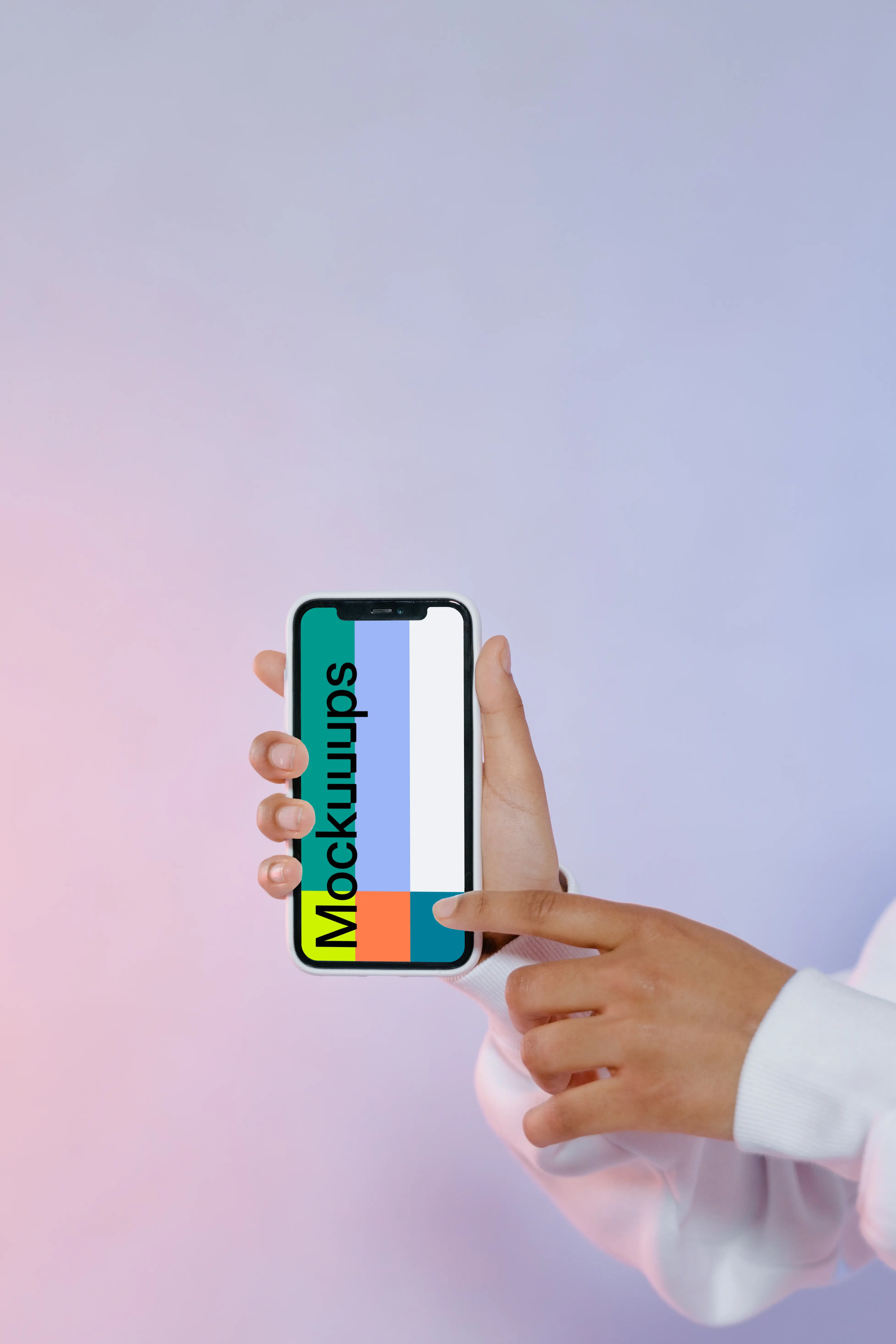 User pointing at iPhone mockup