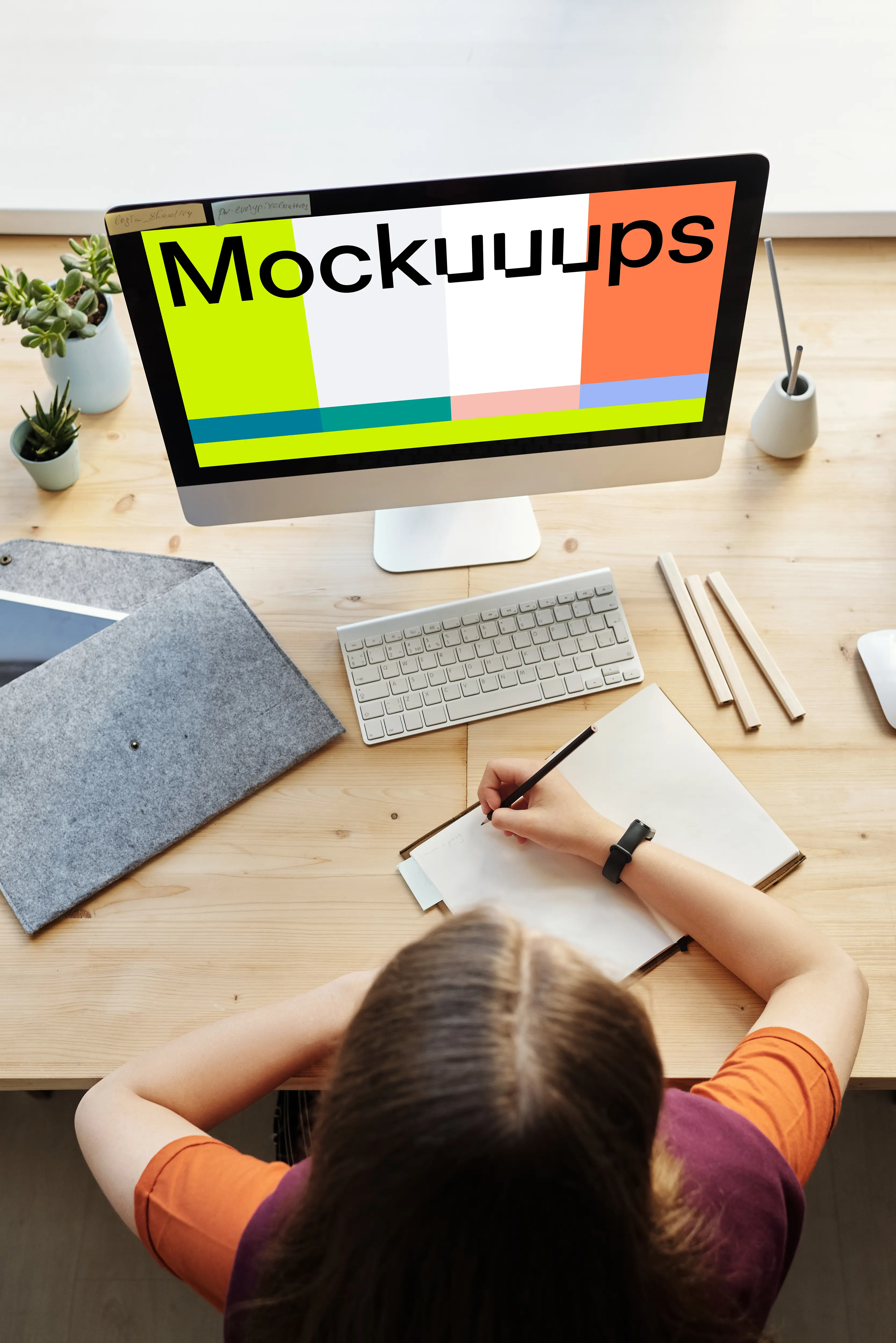 Young girl taking notes from an iMac mockup