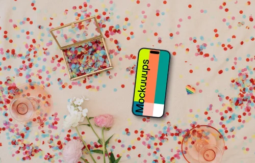Confetti and wedding rings around iPhone mockup