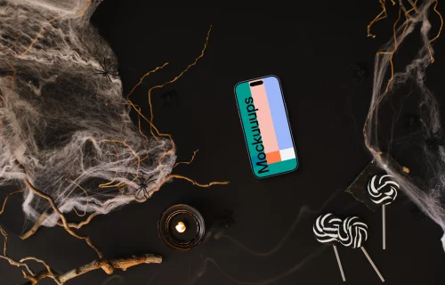 Halloween template with a phone mockup on the dark background