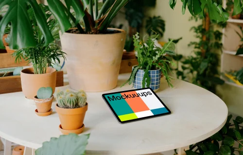 iPad mockup on a roundtable in a garden