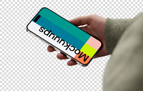 iPhone 15 Pro mockup in male hand with transparent background