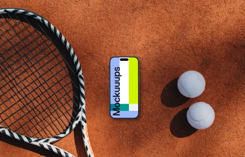 iPhone mockup next to the tennis racket with balls