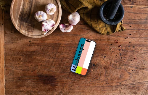 iPhone mockup on the wooden kitchen sideboard