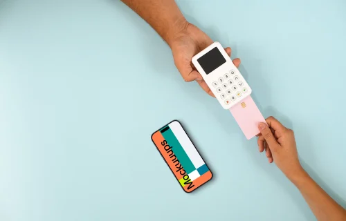 iPhone mockup with E-Commerce theme on blue background